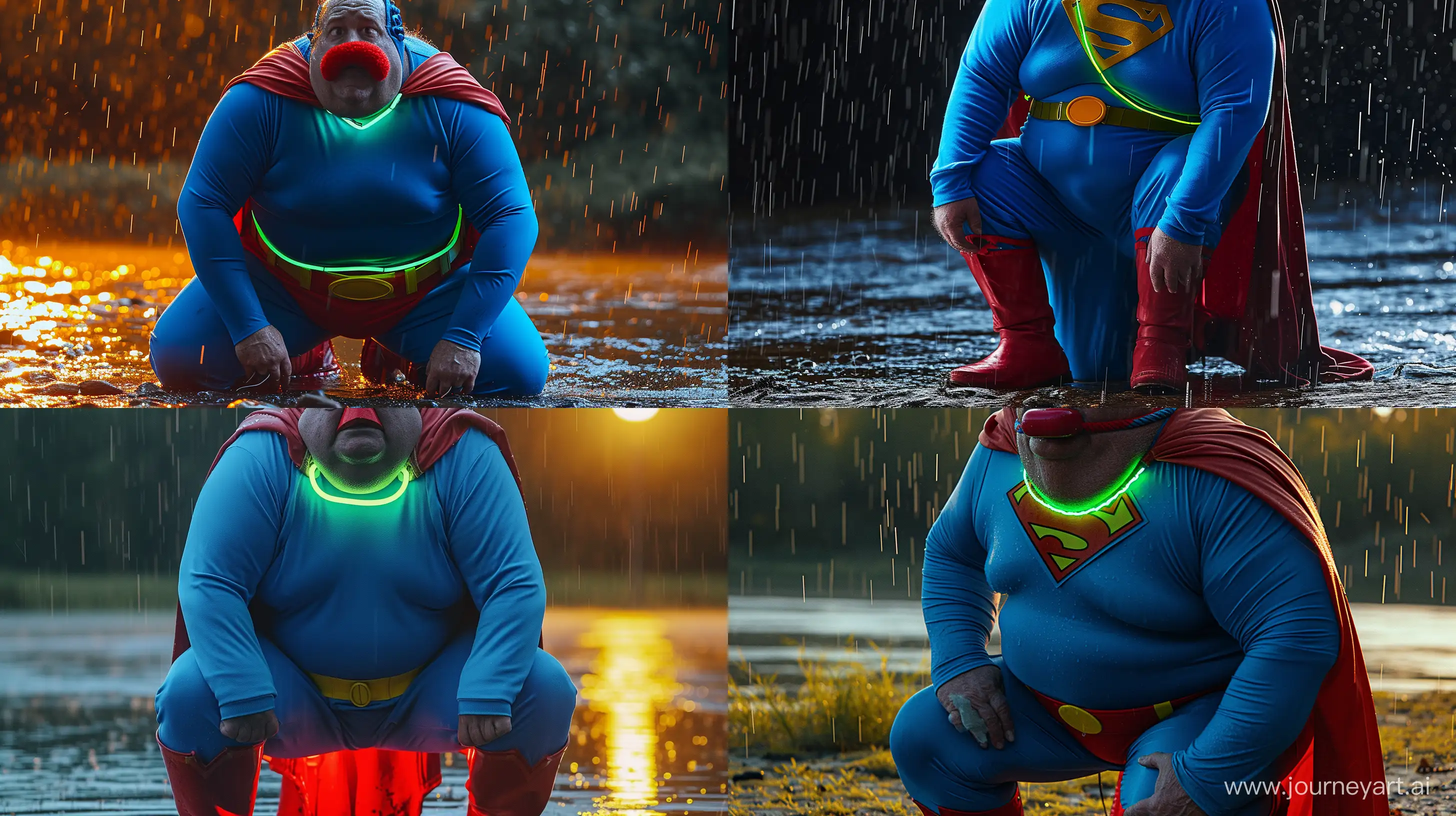 Close-up photo of a fat man aged 60 wearing a tight blue 1978 smooth superman costume with a red cape and tight red muzzle on the mouth and a tight green glowing neon dog collar on the neck kneeling in the rain. Blue shirt. Blue pants. Red boots. Red Trunks. Yellow Belt. Natural Light. River. --style raw --ar 16:9
