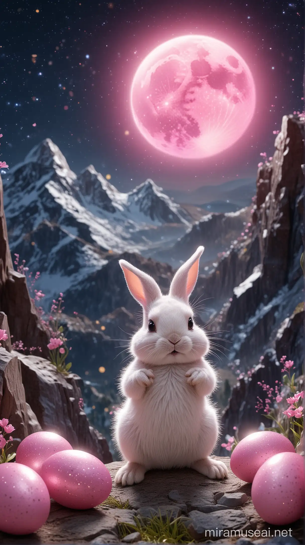 3D 8k shining and glittering small rabbit holding on his hand easter  glittering and shinning eggs with glittering and shinning pink moon at the midnight at the high of the mountain 