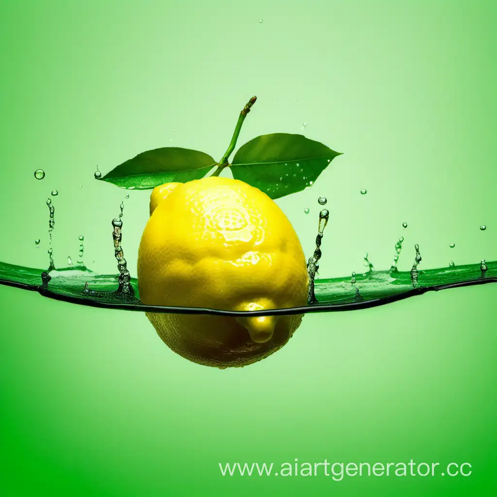 лимон на зелонам фоне с листиком и мокрый на воде