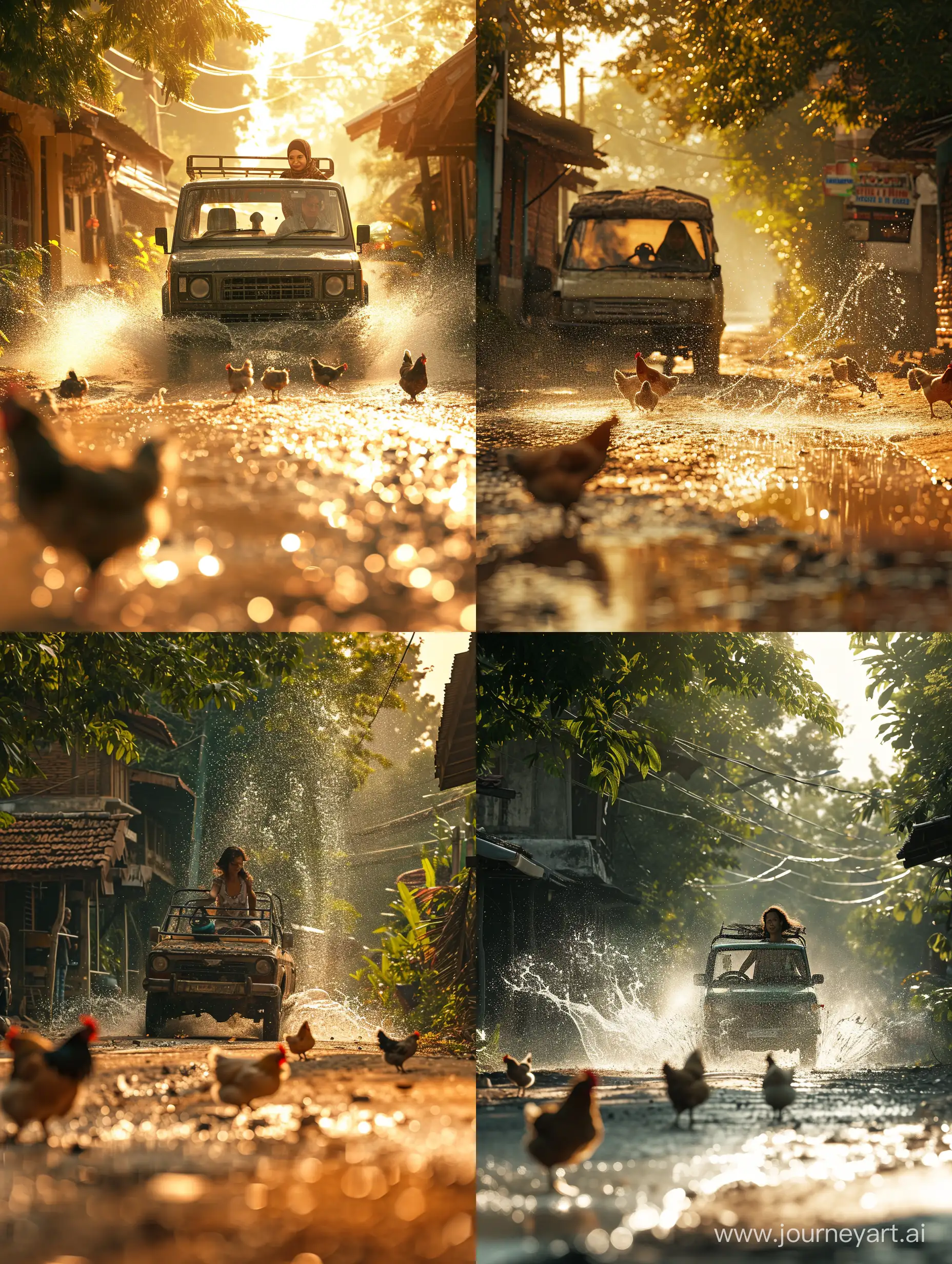 Ultra realistic A MALAY WOMAN RIDING AN UNCOVERED CAR, THROUGH A VILLAGE ROAD WITH SUNLIGHT IN THE MORNING ATMOSPHERE. there are chickens running around. on the ground there is a splash of water. canon eos-id x mark iii dslr --v 6.0