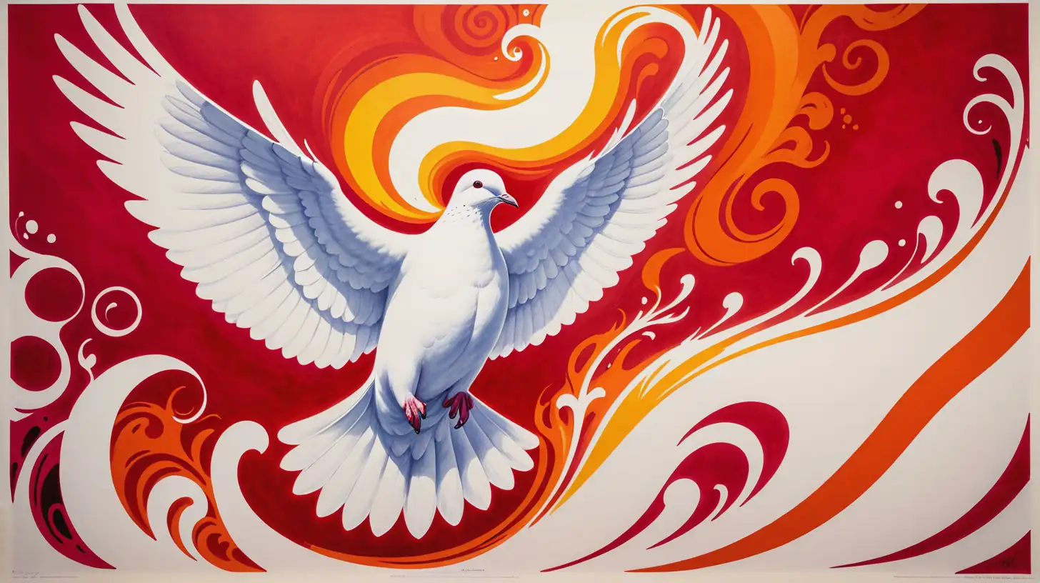 white Dove in front of flames, mostly red background, psychedelic swirls, very detailed, 1969 concert poster, ink drawing, abstract, hippie, rush of a violent wind, "Come Holy Spirit", pentecost, fire