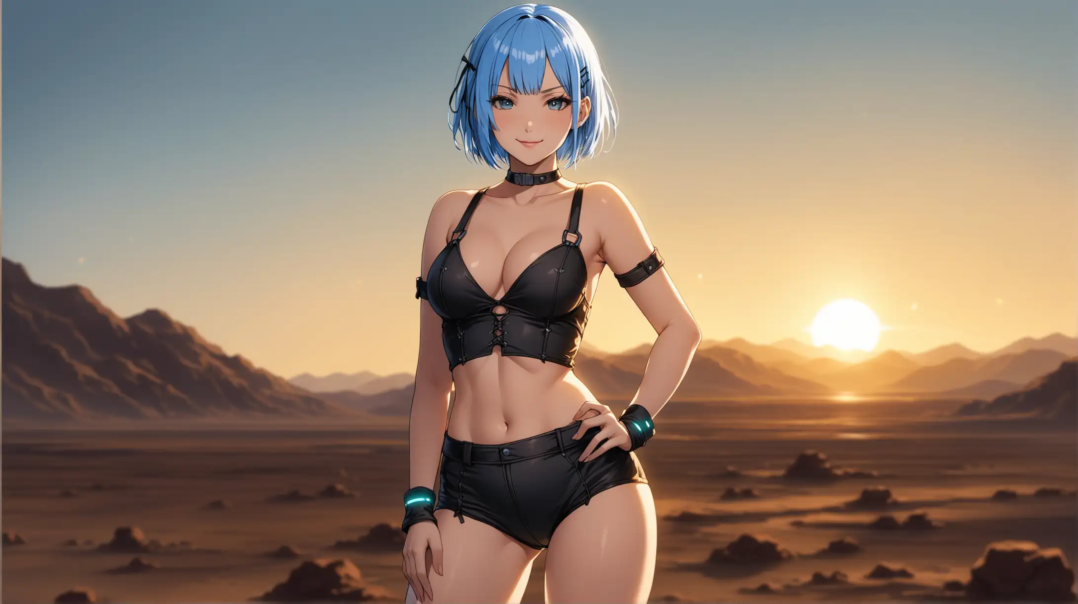 Draw the character Rem, high quality, outdoors, soft lighting, cowboy shot, in a seductive pose, wearing an outfit inspired by the Fallout series, smiling at the viewer
