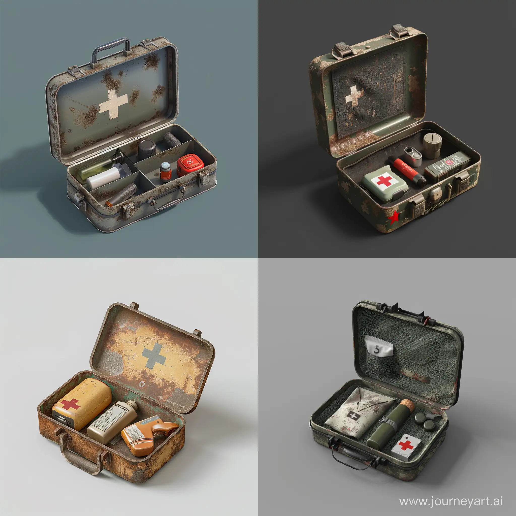 isometric realistic mini very small simple opened survival kit in realistic worn metal case, 3d render, stalker style, less details, hunting first aid, hygiene