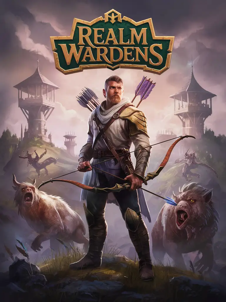 STYLIZED GAME COVER ART WITH LOGO "REALM WARDENS" WATCH TOWERS OUTPOST, SENTINEL WARDEN BEASTMASTER