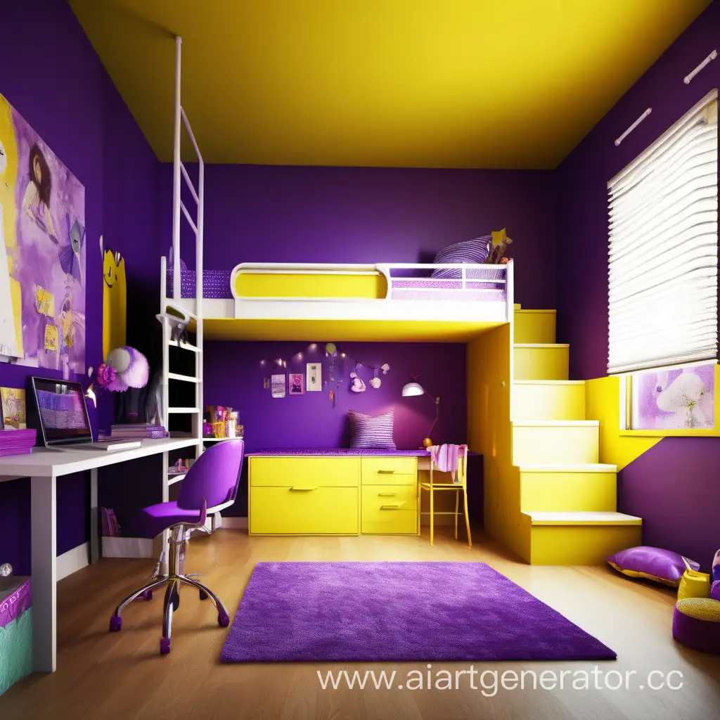 комната девочки 8 лет с loft bed в фиолетовых тонах с желтой стеной, realistic
