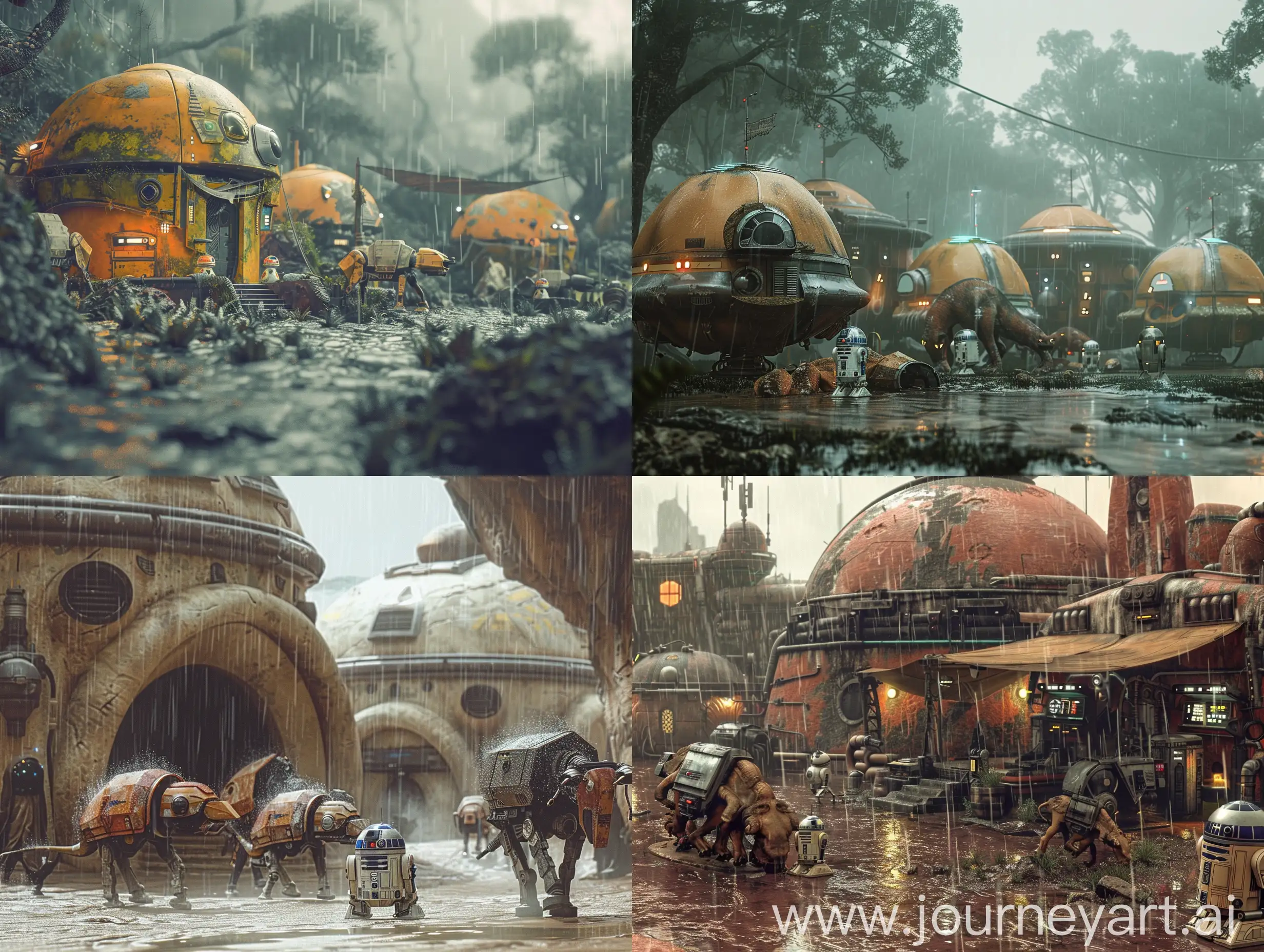  Tiny alien village in the style of classic Star Wars, burden beasts, droids, rain, moody. 