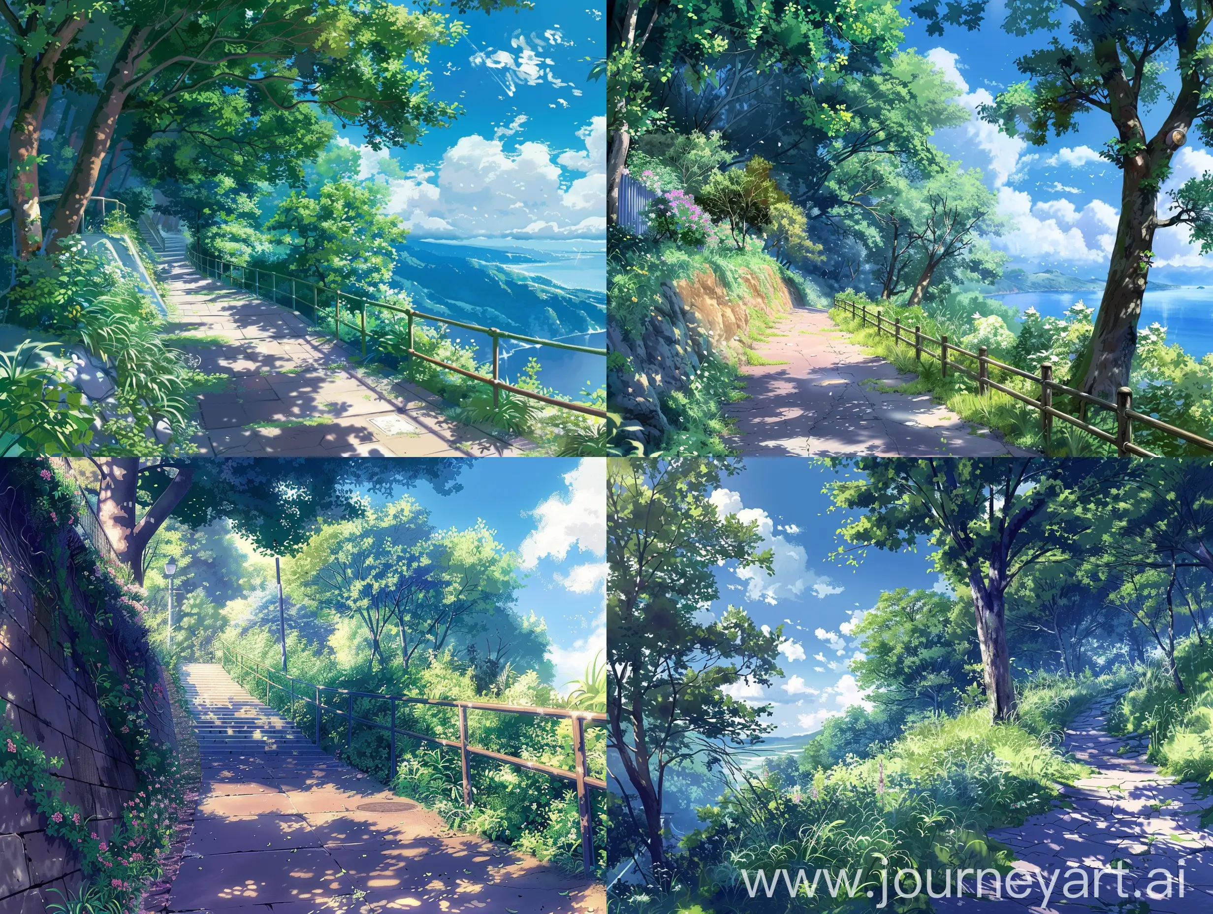 Beautiful Anime style scenery,mokoto shinkai style,beautiful summers,a path,downstairs,trees alongside,beautiful sky,sharp detailed 