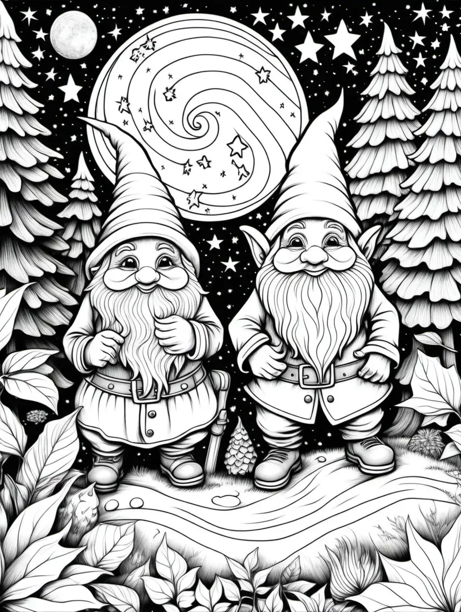 adult coloring page, gnomes stargazing, thick lines, low detail, no shading,
