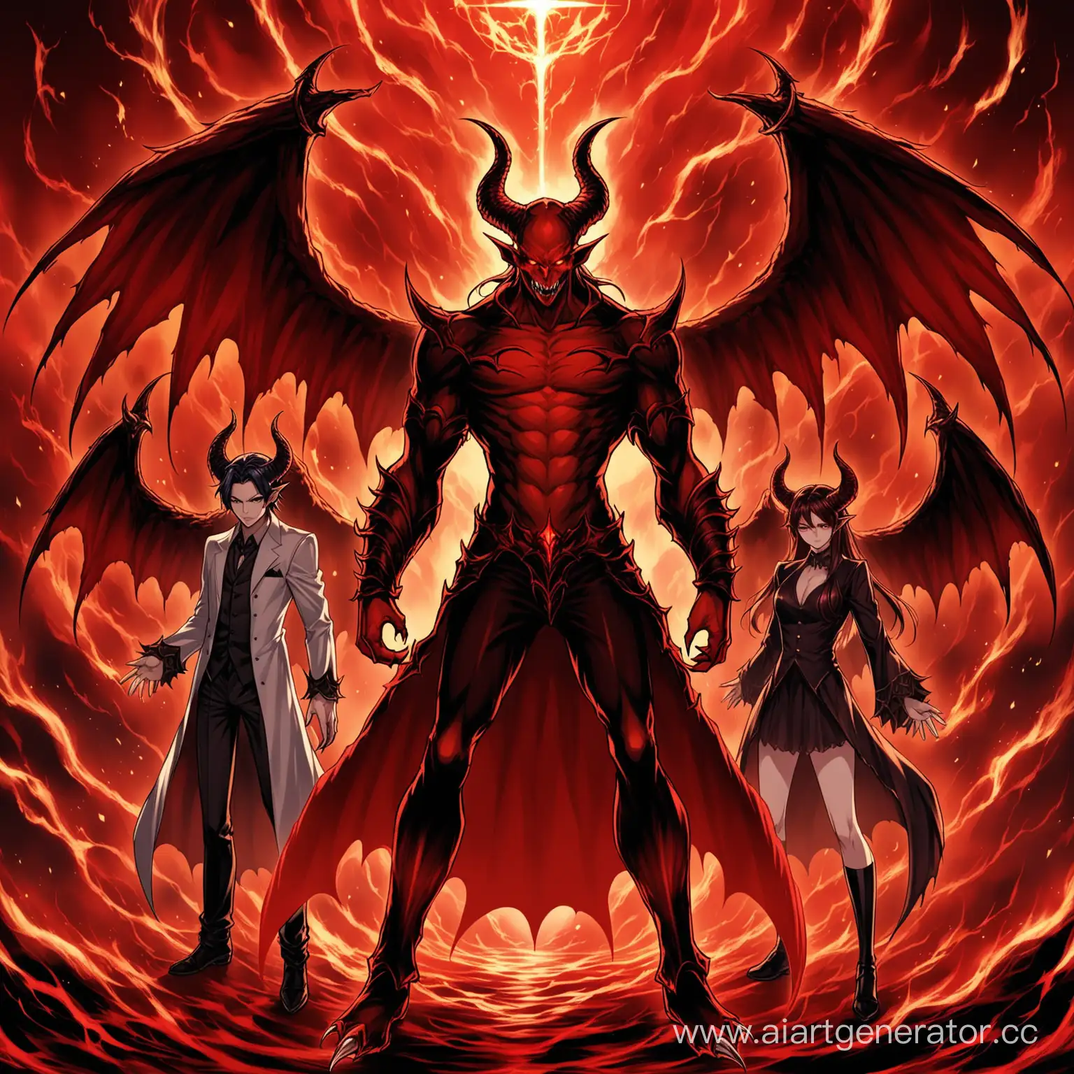 6 наследник ада, мужчина в облике человека с 2 парами демонических рогов и ангельскими, но красными крыльями. Изображение должно быть в стиле аниме