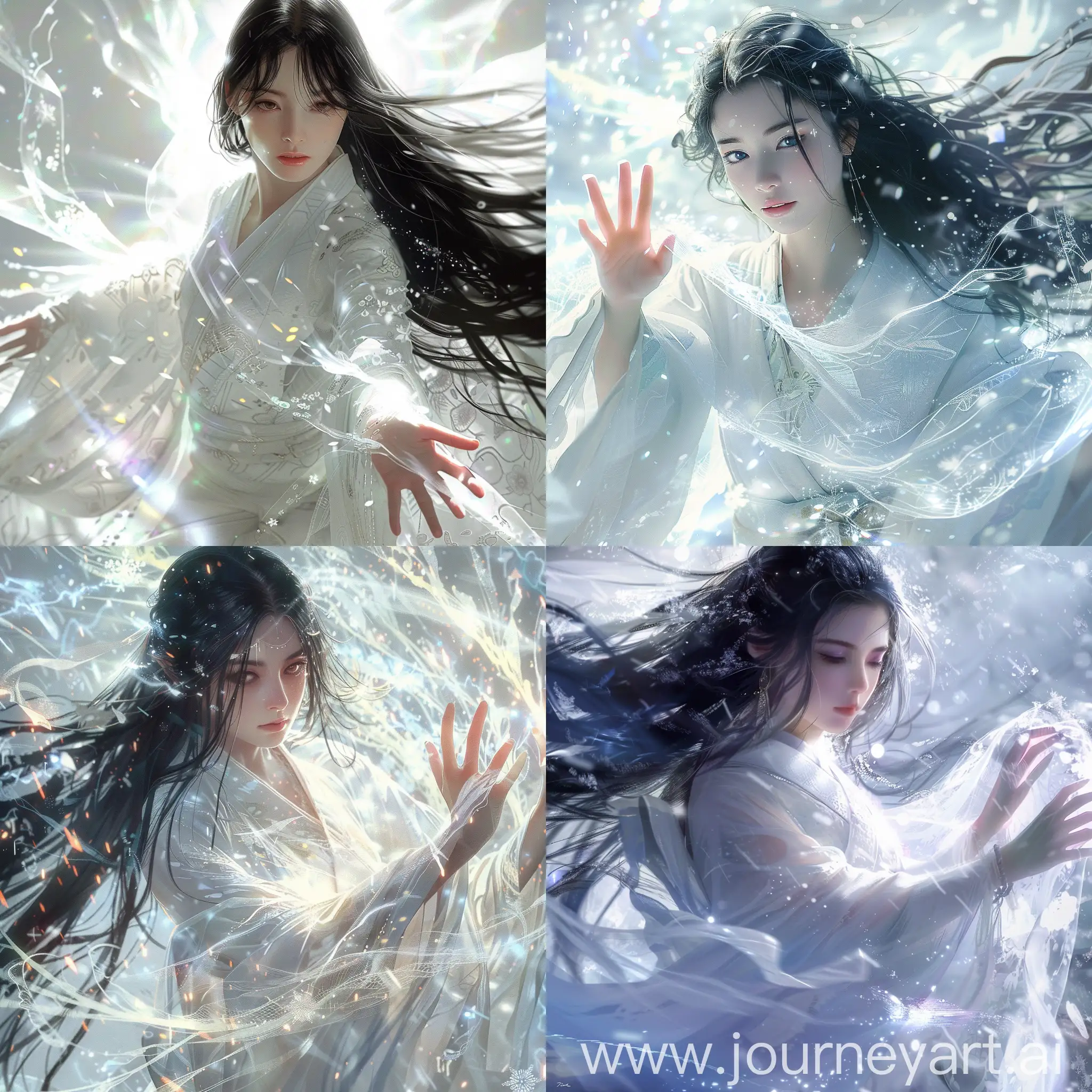 The winter spirit from Japanese mythology in the form of a beautiful woman, long black hair, white kimono, official art, cinematic light, (1girl:1.5), (nice hands), beautiful and aesthetic, extremely detailed, dynamic angle, elegant, vivid colours, romanticism, glowing, magical, enigmatic, mystical, intricate, vibrant color, transparent, fascinating, surreal, excellent, (Masterpiece:1. 5), (best quality:1. 5)