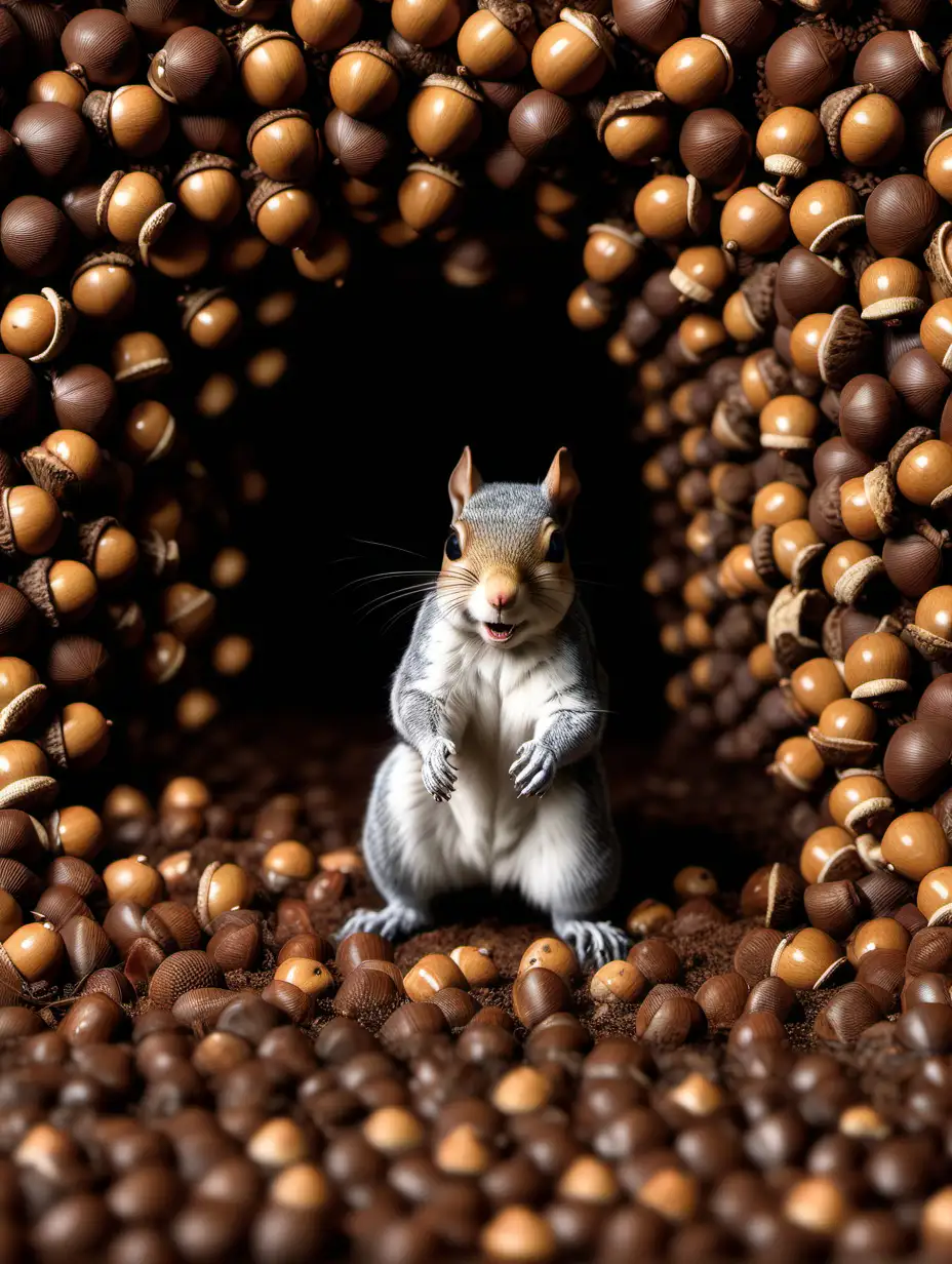 Realistic highly detailed photography, a fainted squirrel, slayed by and buried under a massive pile of acorns. 