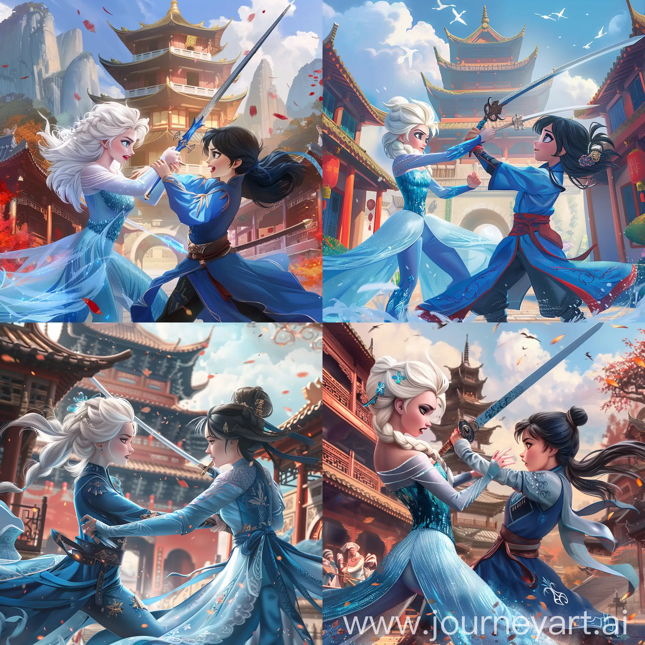 a white hair Princess Elsa is fighting against a black hair Princess snow white, they both have Chinese swords in their hands,

they are both in blue color beautiful Chinese female medieval costume Hanfu,

a chinese temple is behind them,