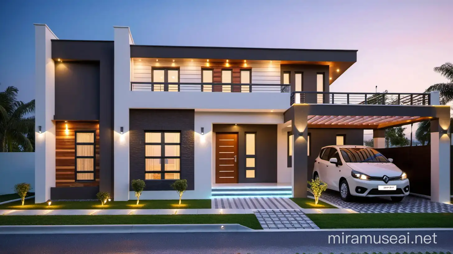 BudgetFriendly Small Front House Design with Flat Roof and Wooden Lighting