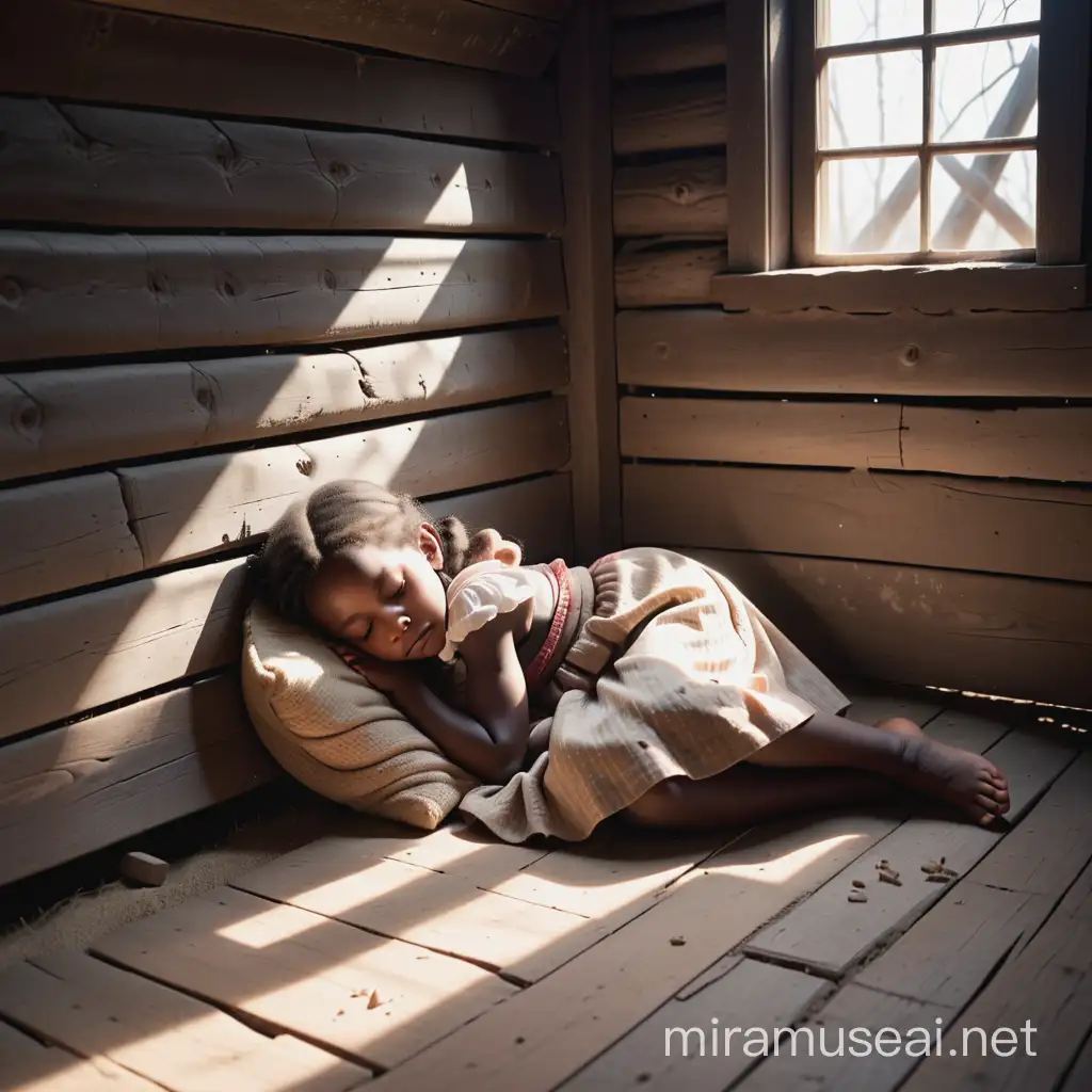 a slave girl around 5 years old asleep in the corner of a dilapated slave cabin. There is light filtering in a small window. The timeframe is aroound 1850s. she is curled up on the floor