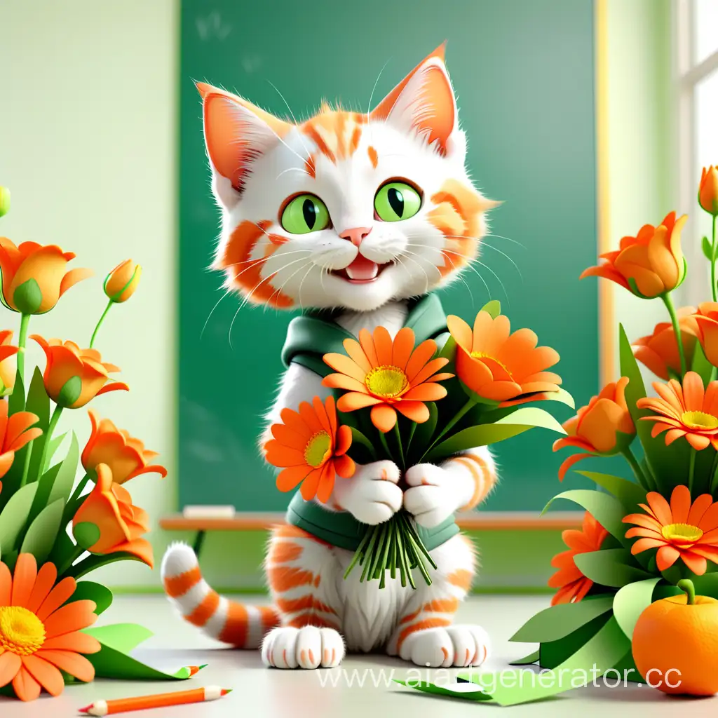 Школьный котенок поздравляет с восьмым марта. У него в лапках цветы, он стоит на фоне школы бело-зелено-оранжевого цвета. 