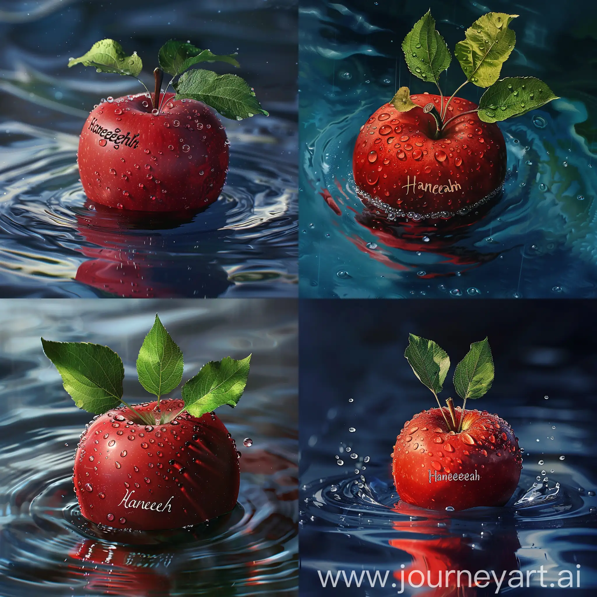 A red apple with three leaf floating on top, with drops on the apple and ripples around it. Engraved on the apple is “Haneefah.” Extremely realistic, cinematic images.