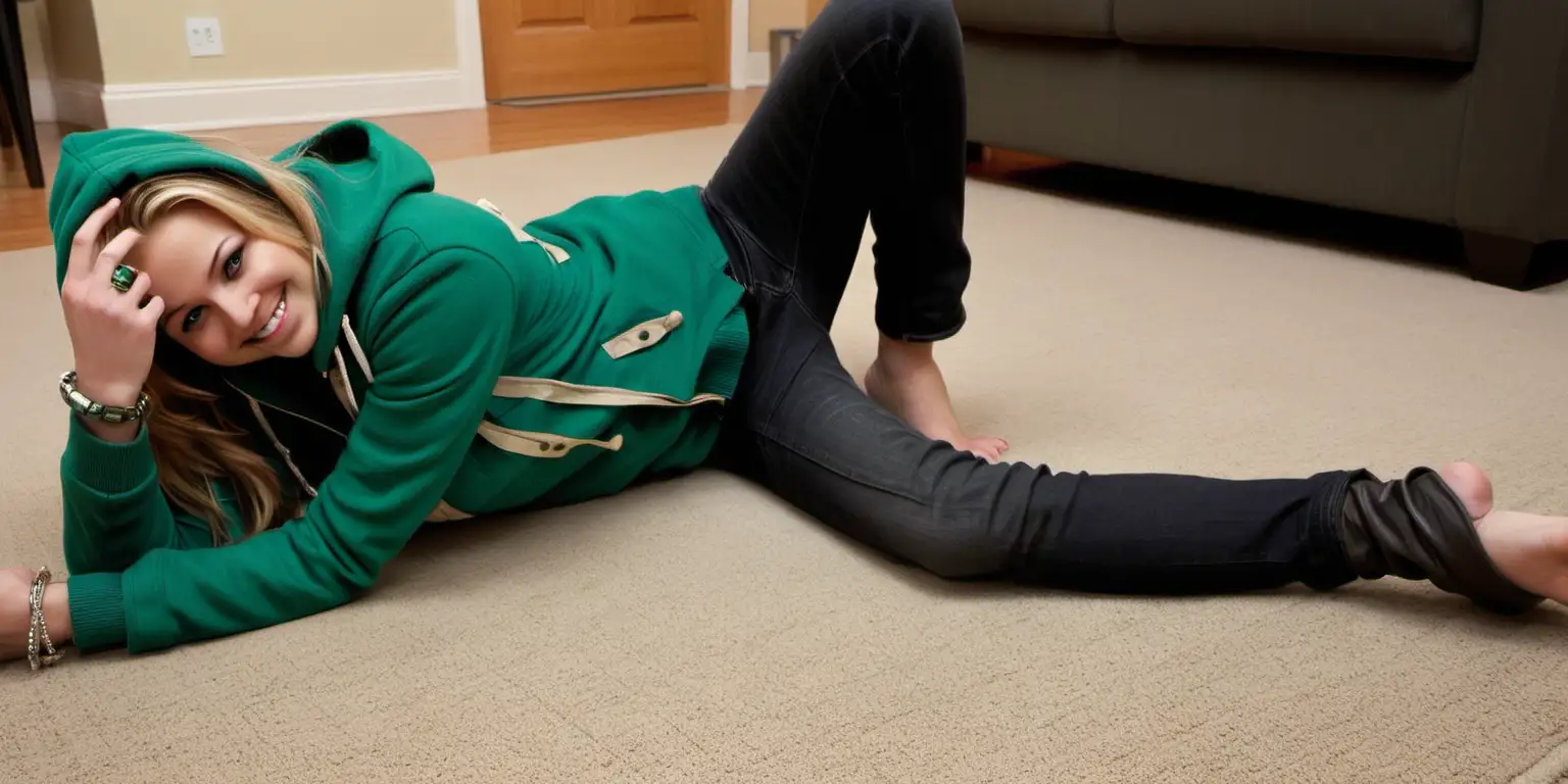 Smiling Woman in Dark Green Hooded Jacket on Living Room Floor