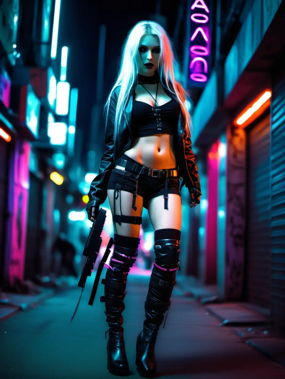 Sleek Cyberpunk Assassin Strolls Amid Neon Lights