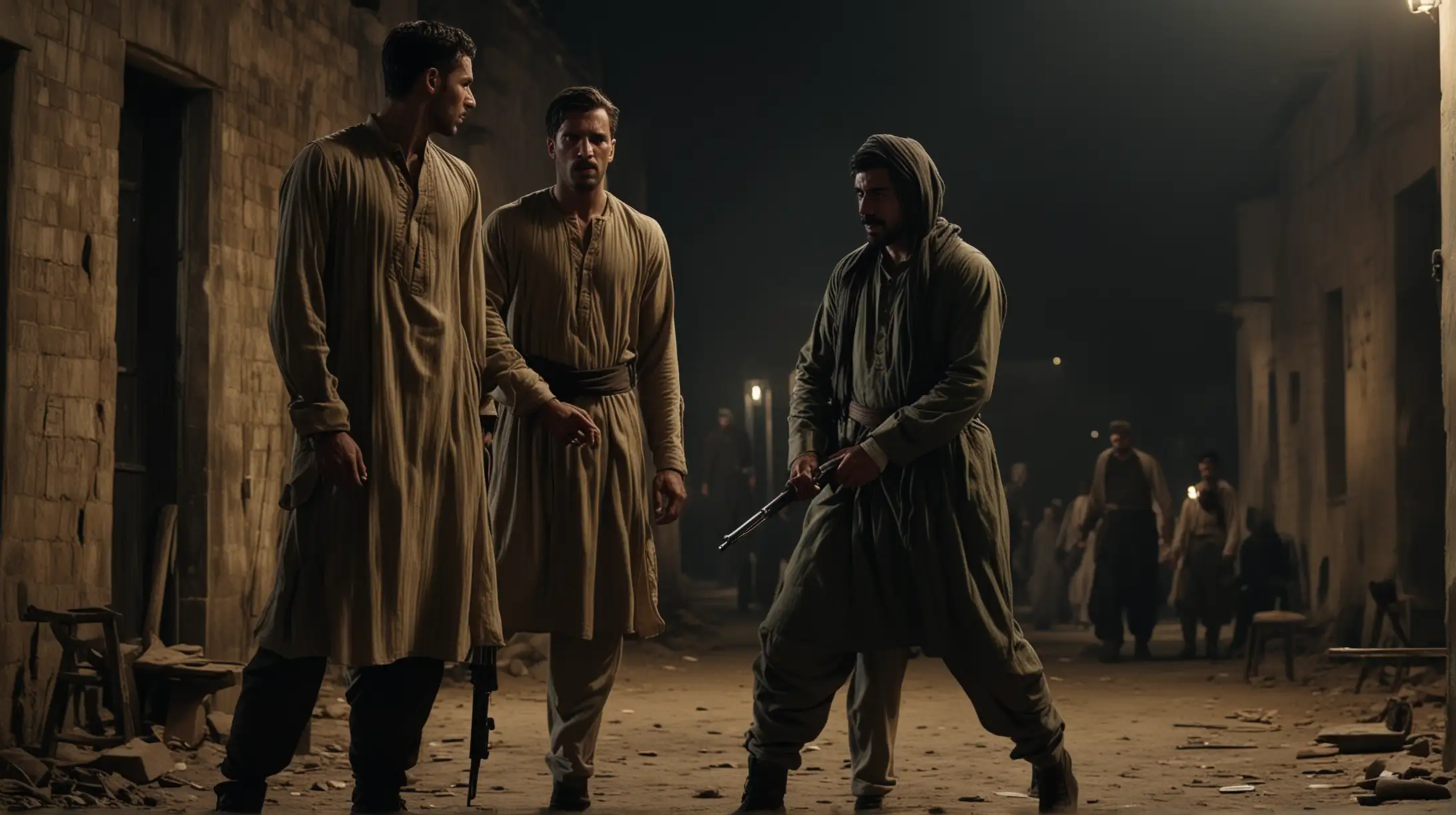 night, dark, neo noir cinematic, generate an image set in the 19th century colonial era, depicting a bleak and gritty scene of European looking British English Soldier in uniform beating torturing a poor Muslim Pakistani man in shalwar kameez what is now Pakistan. shalwar kameez man