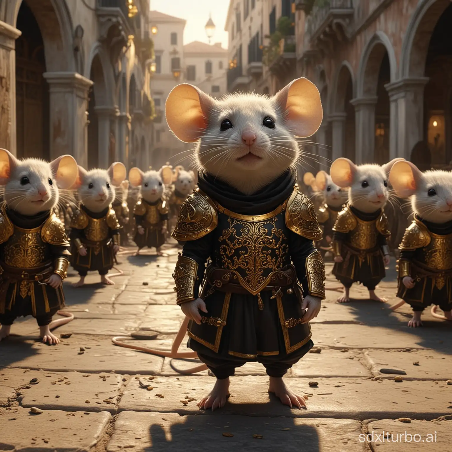 Little mouse in human form, with her army of mice, sour and aggressive, clad in black and gold armor, golden rims, stands in ancient Venice, cinematic lighting, 4k, photorealistic