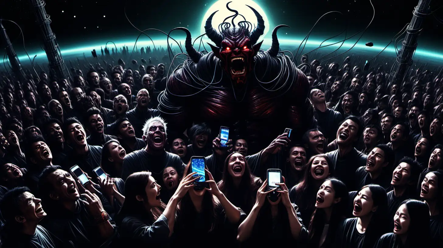 in a dark void on a dark planet with one evil demon god looking down on the planet and laughing from space, a large crowd of humans looking down at their cellphones, with wires plugged in to the top of each of their heads, connecting them to the demon god.