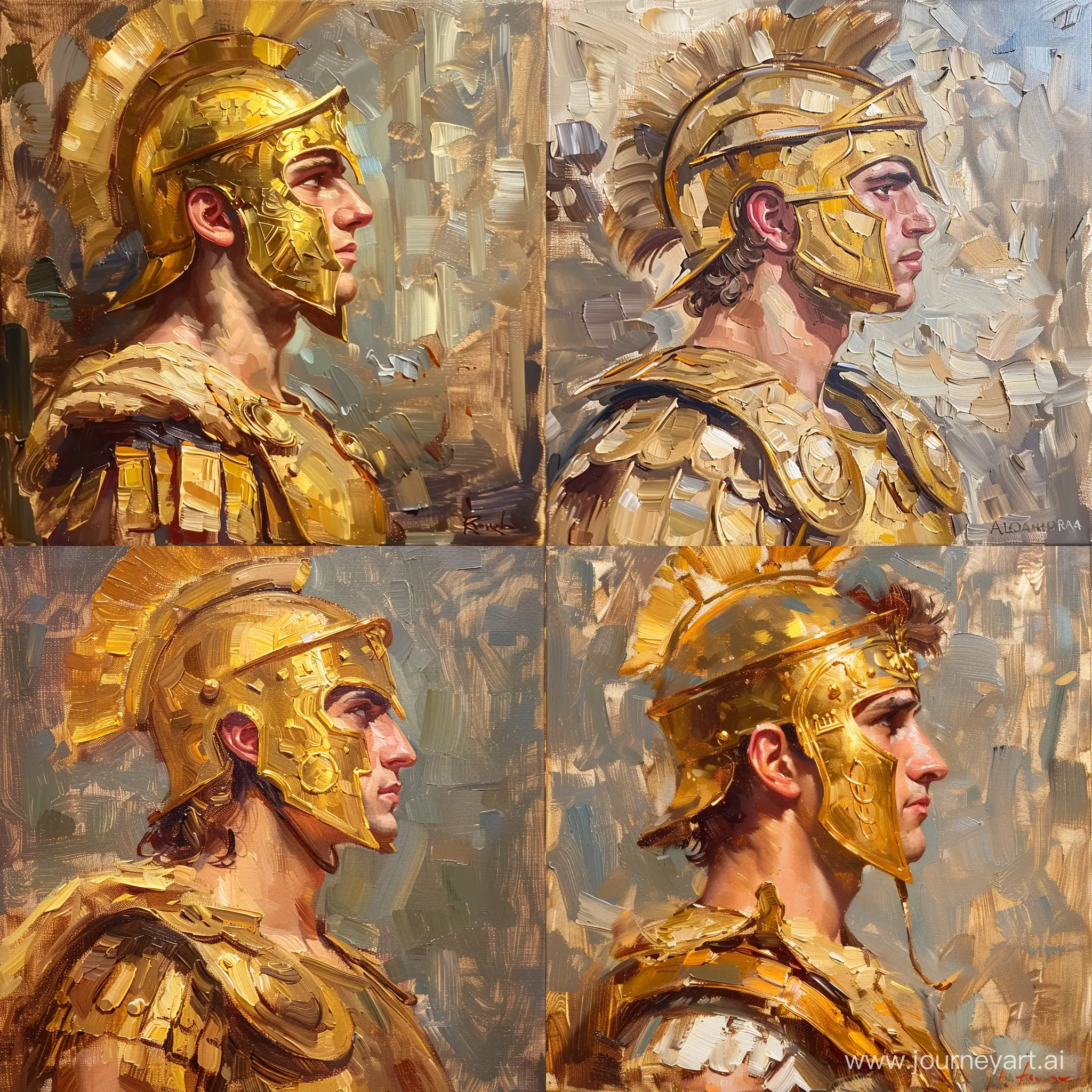 Portrait of Alexander the Great. Wearing golden armor and golden Macedonian helmet. Side dramatic pose. Ancient Macedon background. Oil painting. Classy brush strikes.