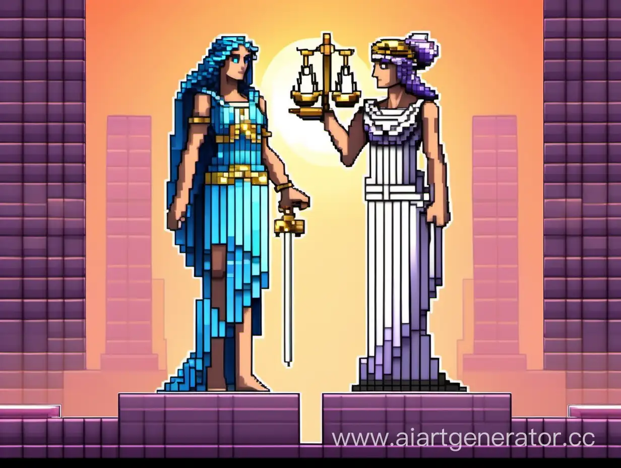 Ancient Greek goddess of justice Themis with scales in hand in the game minecraft background game Arkanoid