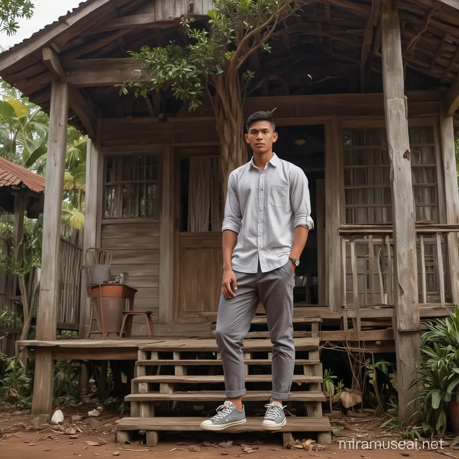 An Indonesian handsome young man wearing neat shirt and grey trousers, converse shoes, is standing in the front yard of an old wooden house with a porch connected to stairs, rusty zinc roof, with a Malay village atmosphere, there is a large banyan tree, there is a trophy on the table, realistic, detailed, cinematic, focused shot.