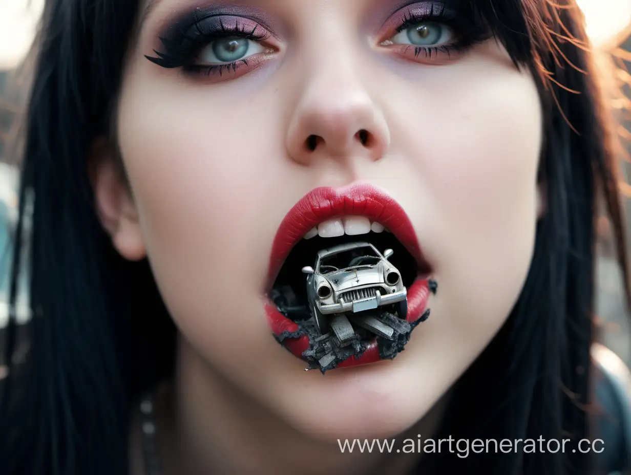 Photo of cute emo girl, kissing the air, a few wrecked and destroyed super small cars are stuck on her lips, very big lips close-up, only lips on the photo