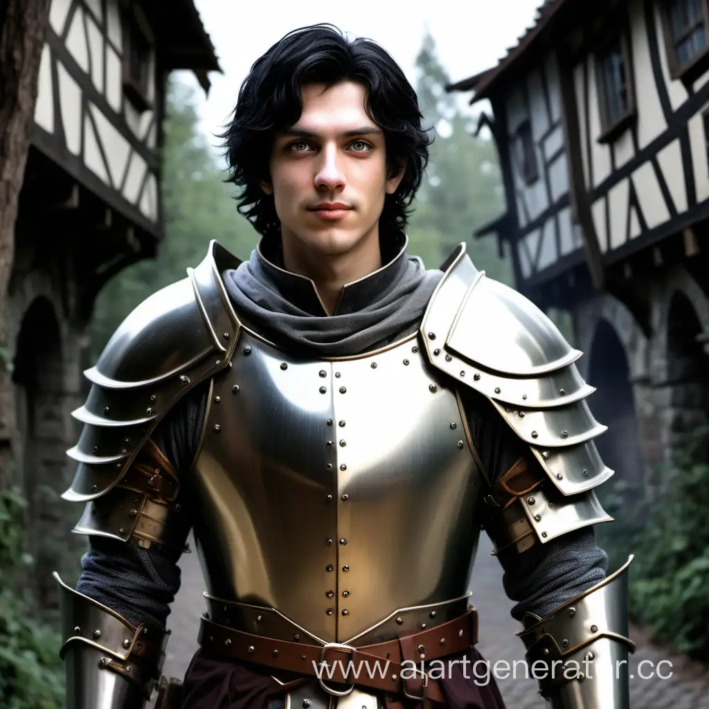 A 28 year old human male. A Paladin in heavy mail armor. His name is Ryn. He's 1,85 meters tall, of medium build, has dull green eyes and short black hair. His expression is warm and he is happy. He is looking forward to many adventures and making new friends. In the background you can see a halfling village. The setting is a dark fairy tale by the brothers Grimm. /// no bad face, no deformation, no bad eyes