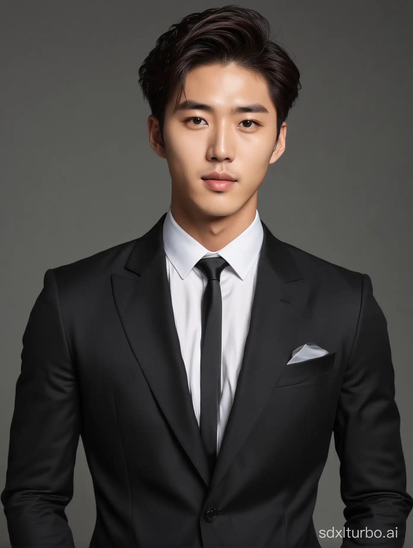 A handsome Korean man is wearing a black suit