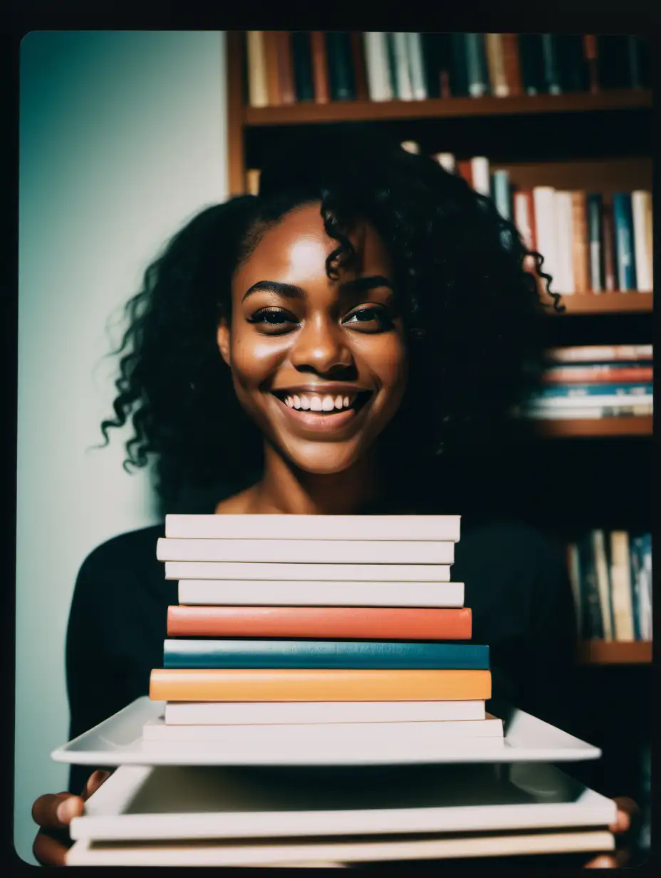 Joyful Black Woman Balancing Books on a Plate
