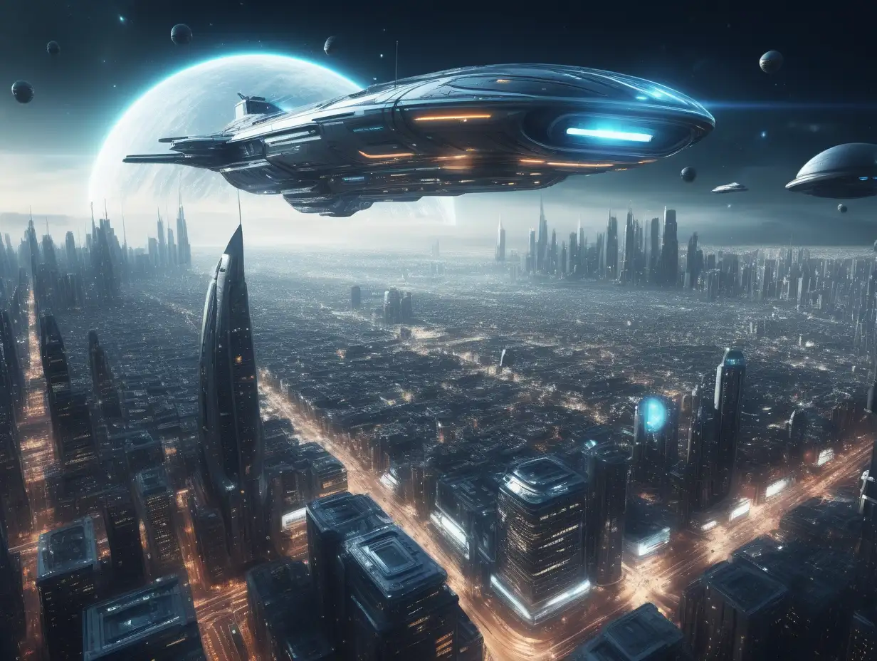 ultra-realistic high resolution and highly detailed photo with depth-perception of a futuristic city in the background with a large space ship full of lights hovering above the city 