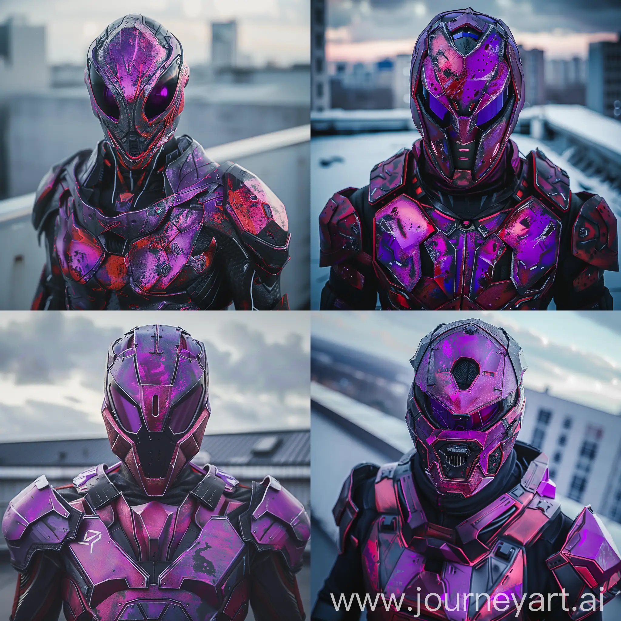 Futuristic-Superhero-in-Vibrant-Purple-and-Dark-Red-Costume-on-Rooftop
