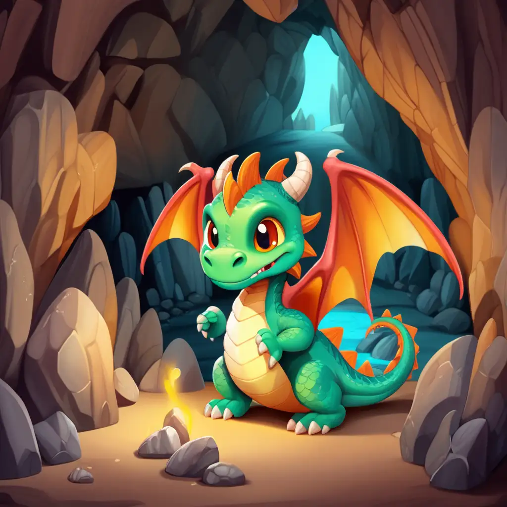 Adorable Dragon Nestled in a Mystical Cave