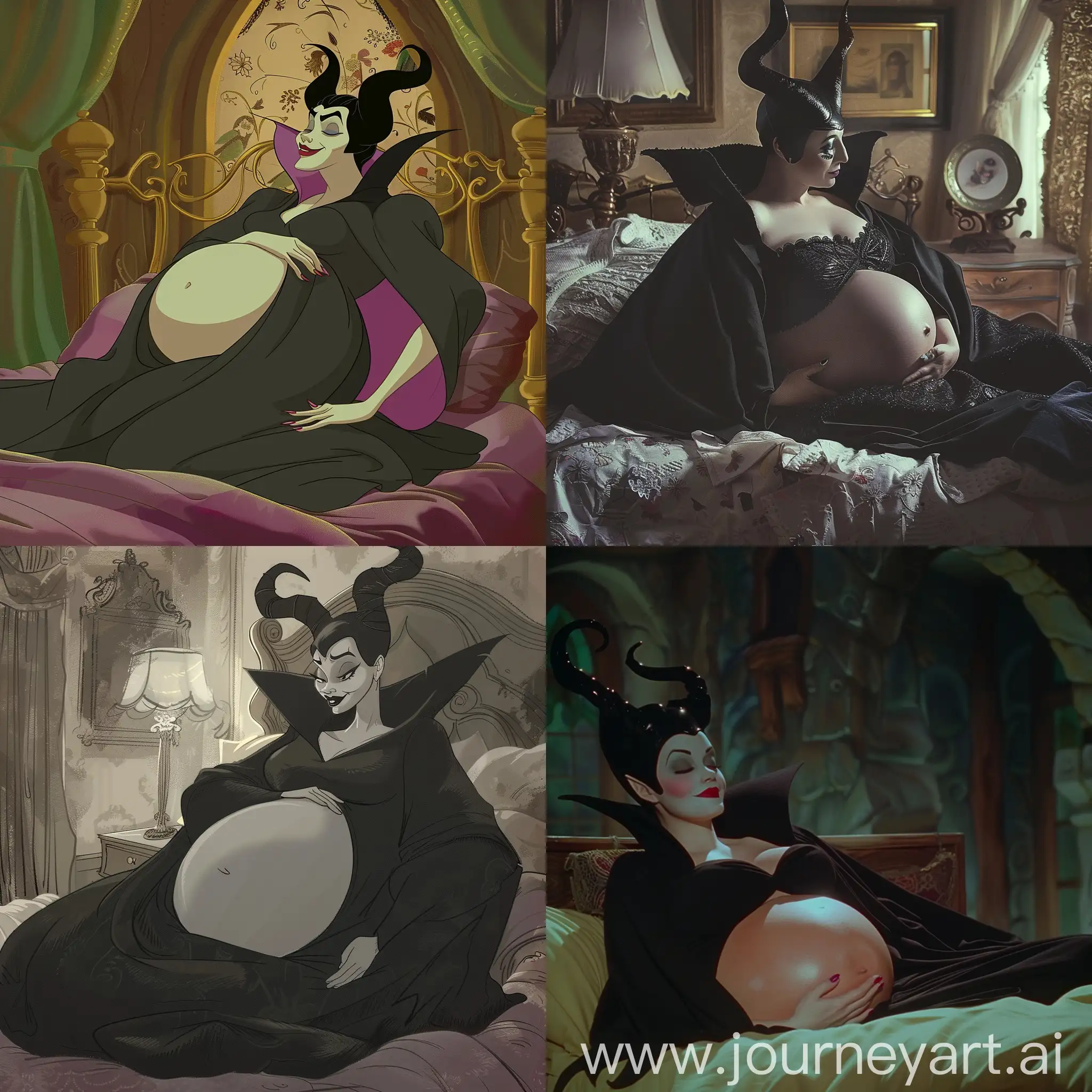 Maleficent, Very Pregnant, Her pregnant belly is very large, Laying in her bed, Bare belly.