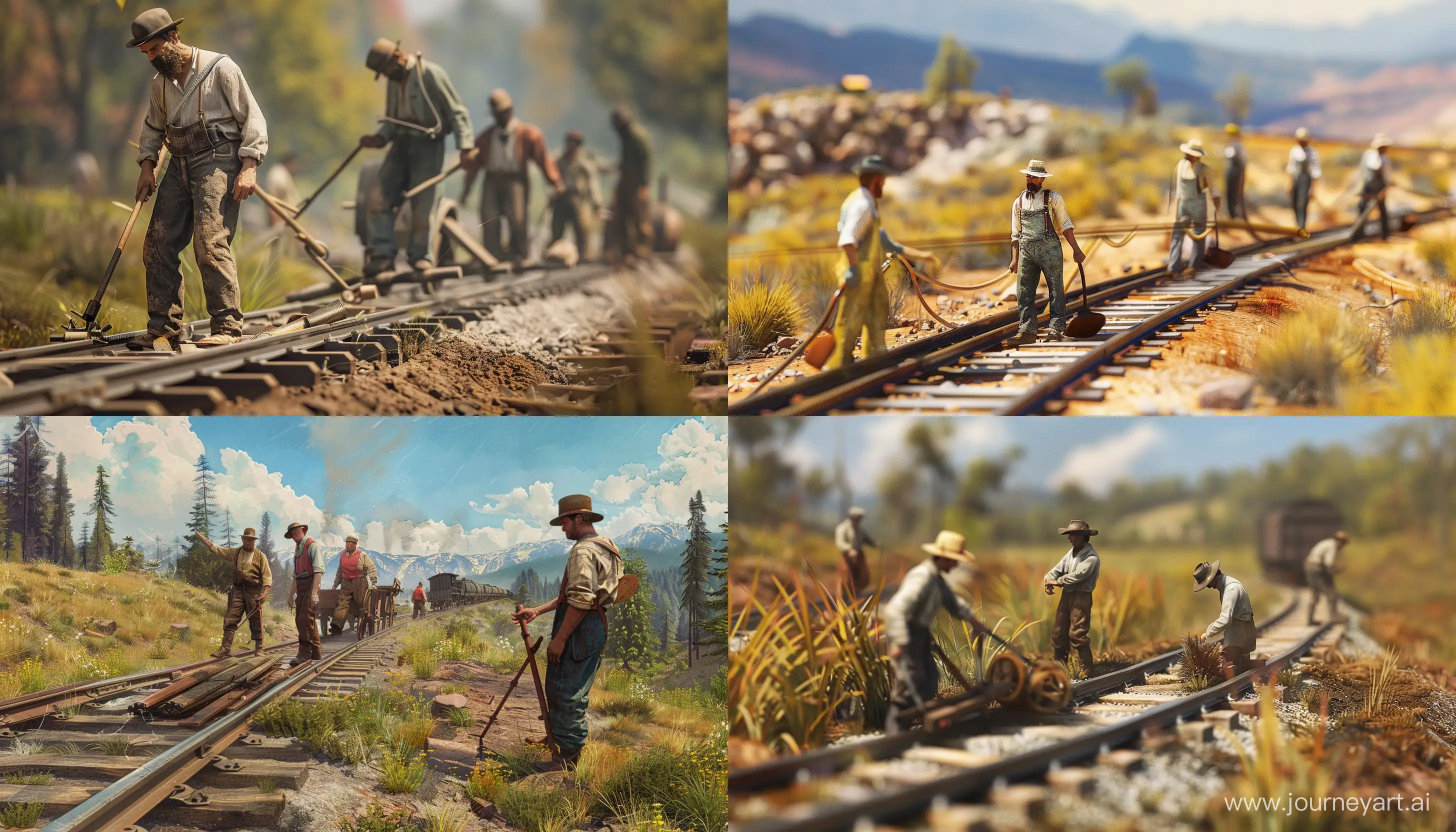 Railway workers in 1850 doing their daily work on the railway in normal and natural landscape American frontier conditions, with realistic and precise details in a beautiful and harmonious image with professional effects, background blur, precise details and creativity. highly detailed  --style raw --ar 7:4
