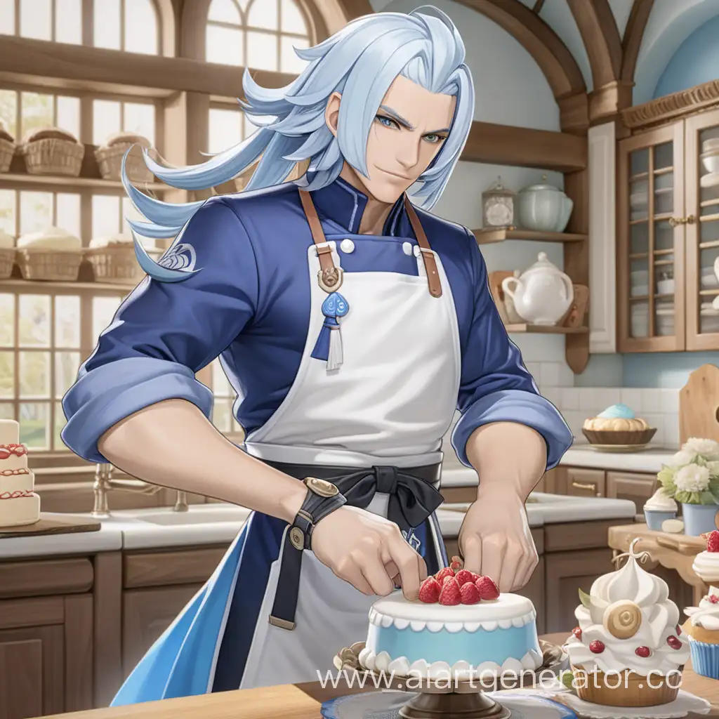 Genshin-Impact-Character-Neuvillette-Baking-a-Cake-in-Apron