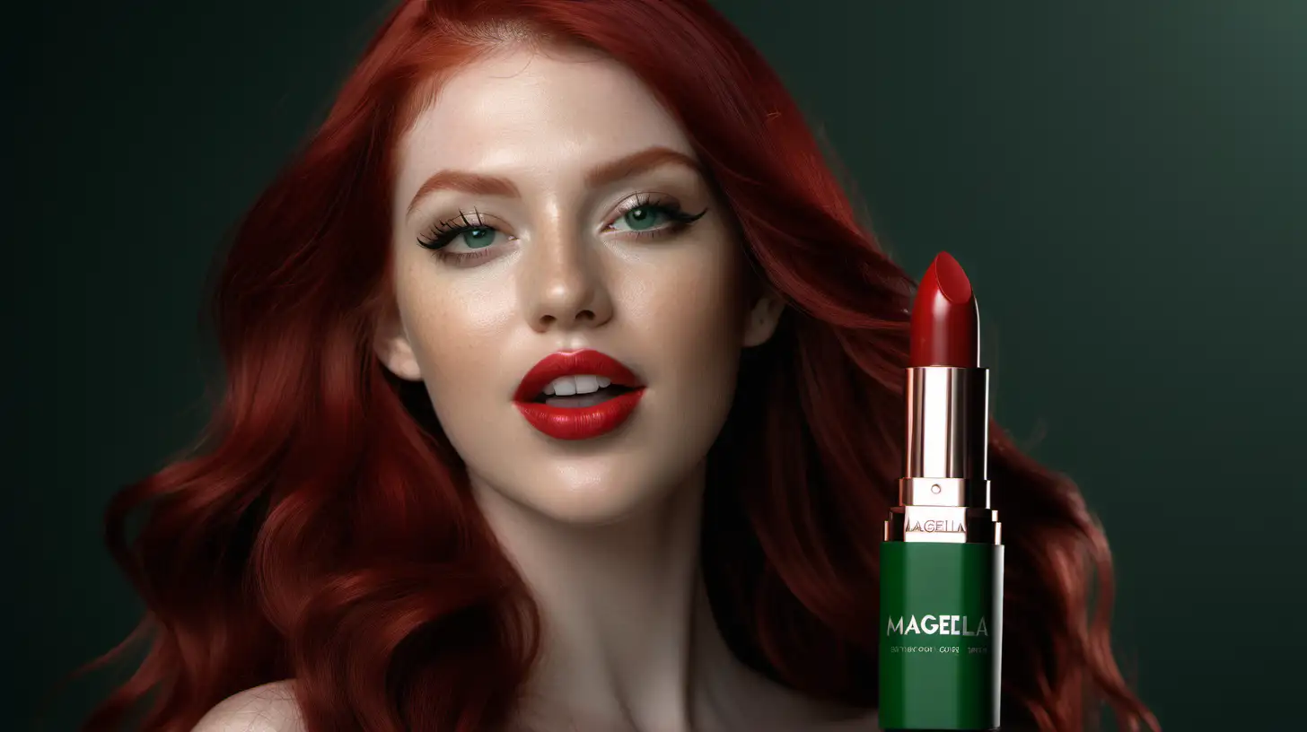 Create a hyperrealistic photography the super model Magella Green, 25 years old, long red hair, perfect face, perfect lips, perfect teeth, announcing a luxury lipstick tube kit, featuring Magella Green logo. High definition 8k image, octane render.