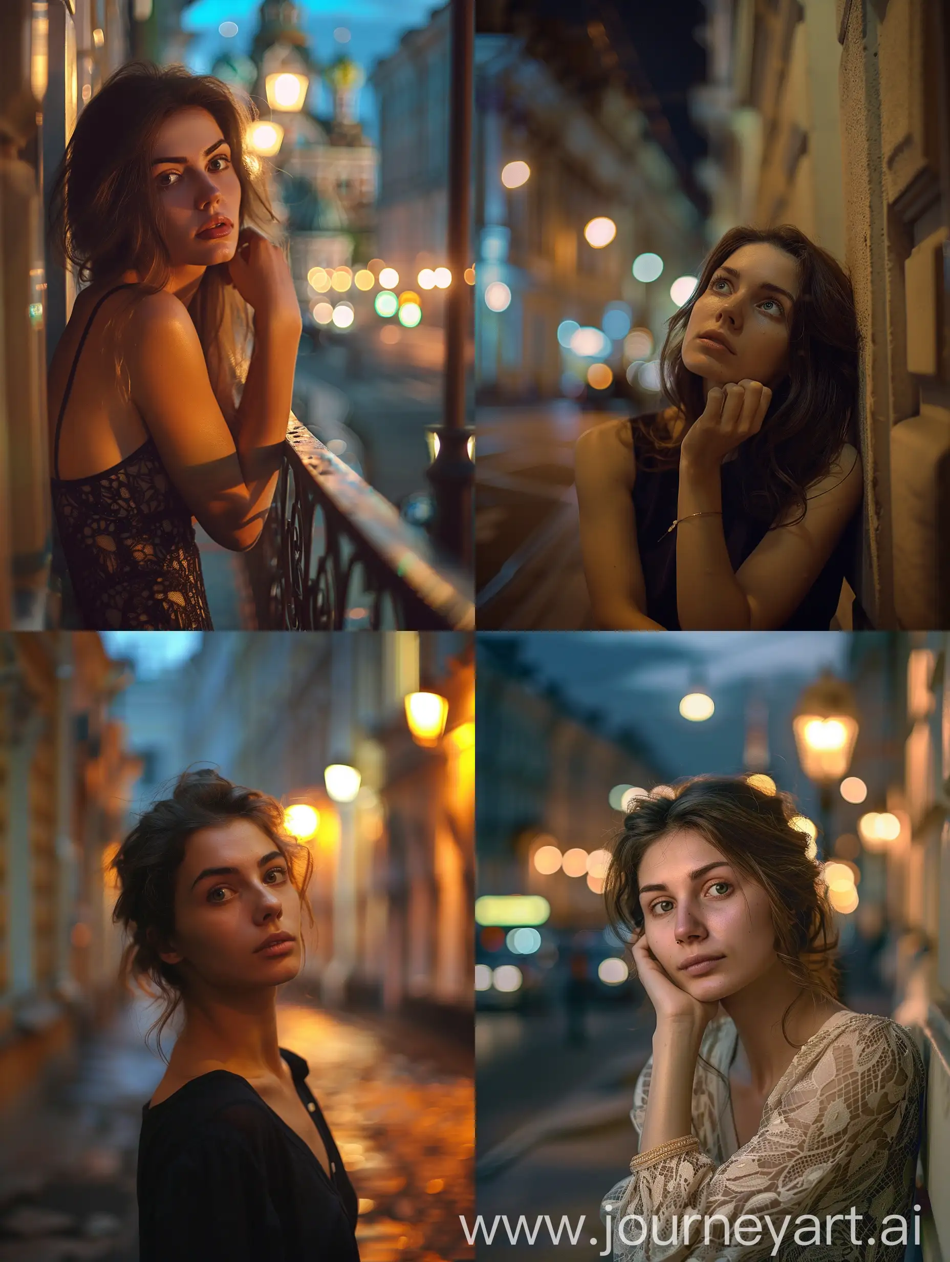 Красивая женщина 40 лет, с задумчивым взглядом летом на старой улице Петербурга ночью.