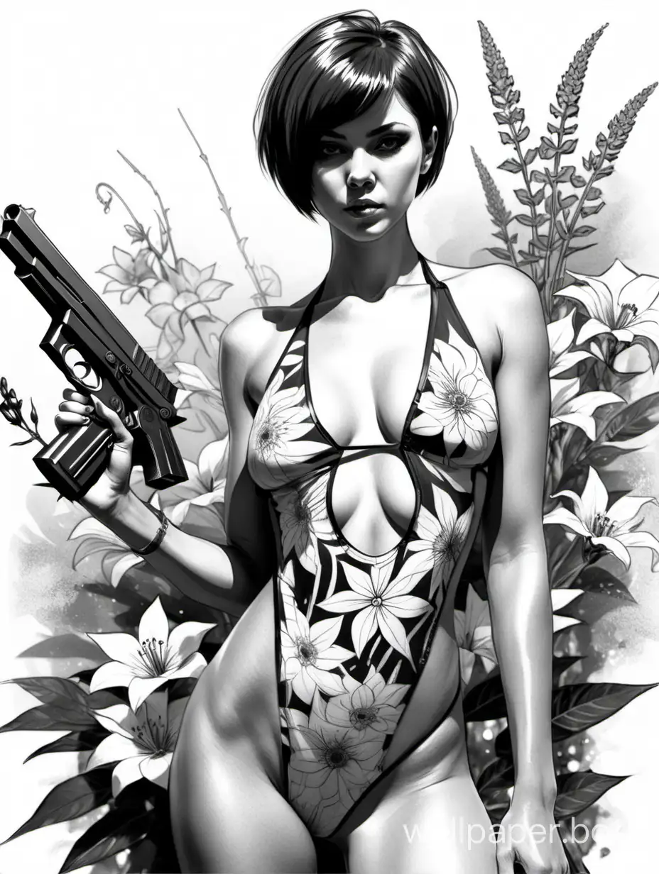 girl, hired assassin, gun, short haircut, monokini, black and white sketch, in full bloom, Slavic woman