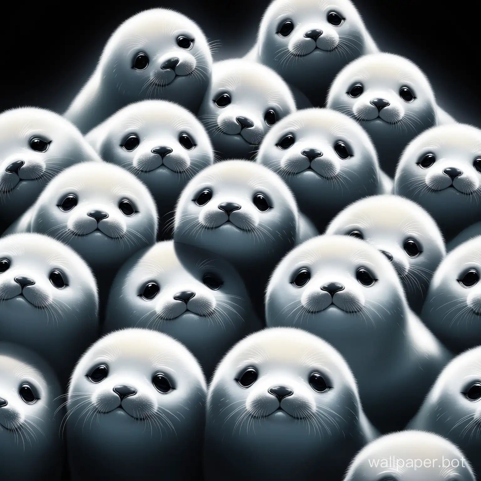 A lot of small smiling white baby seal face in pitch black background 