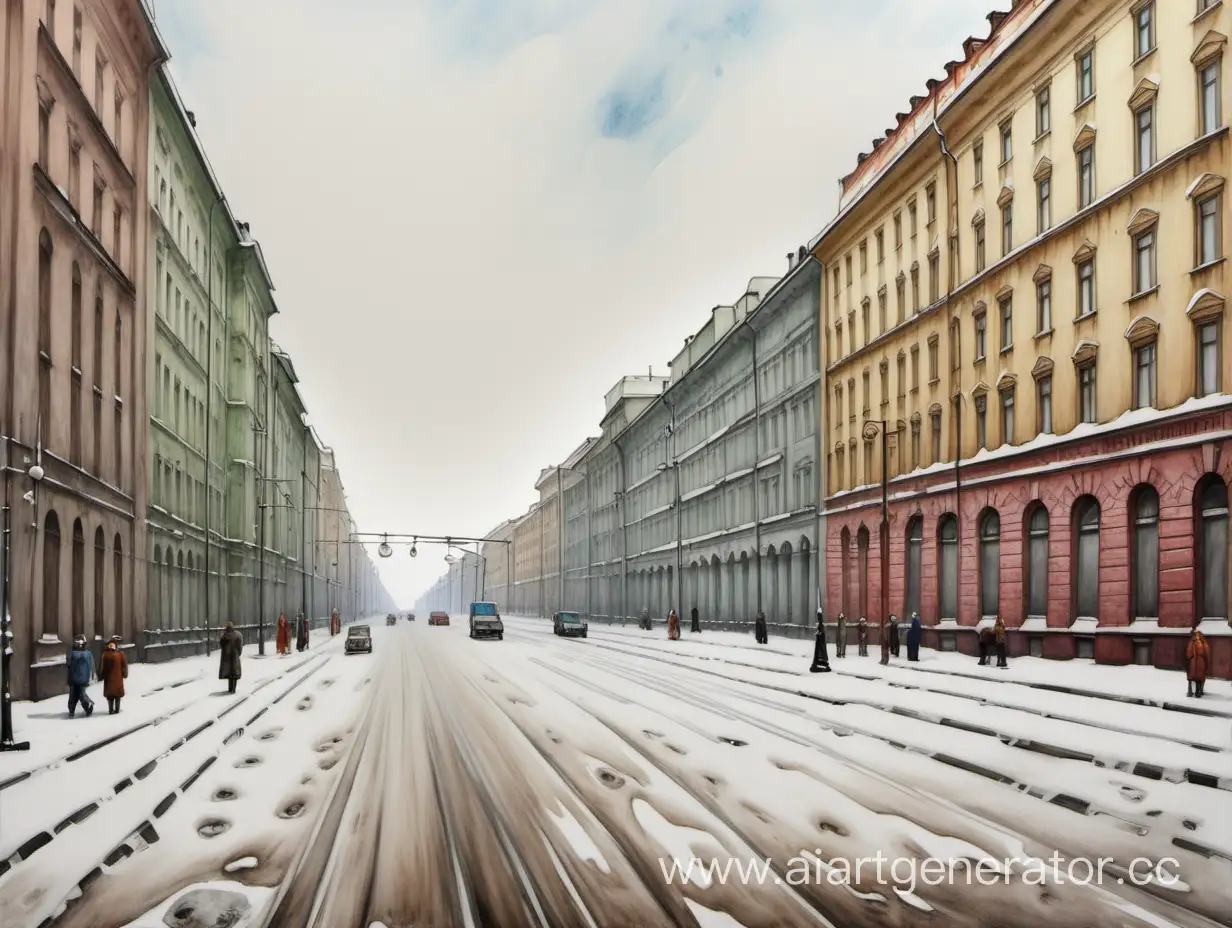 нарисуй в качестве текстур шикорую большую улицу ленинграда уходящуую в даль 