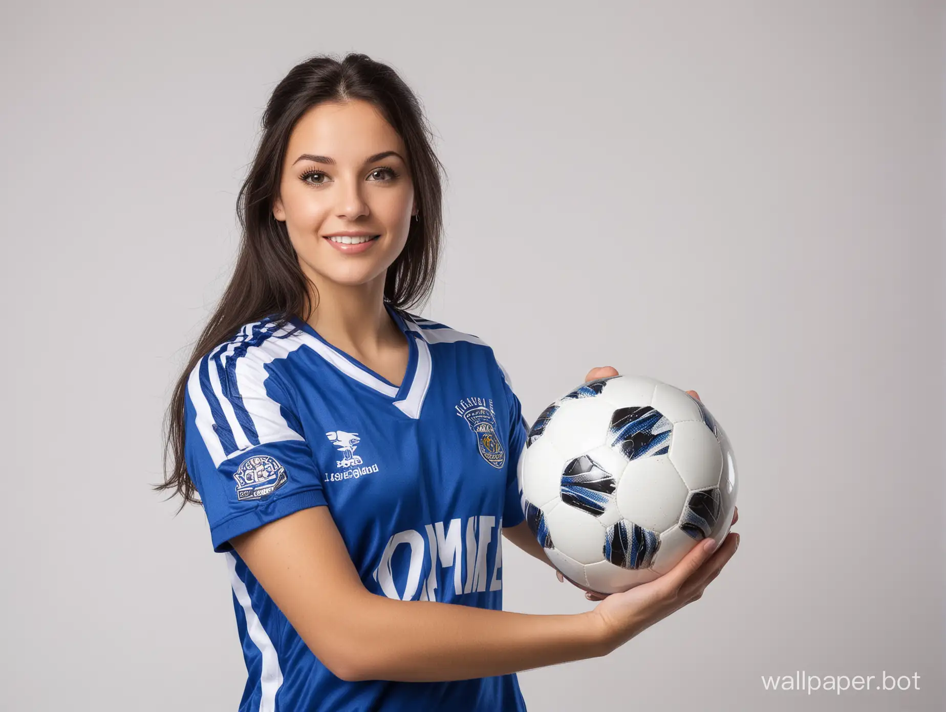 Lisa Duarte   20 years old, dark hair hairstyle   , cup size 4, narrow waist, in bright blue soccer uniform on a white background studio portrait masterpiece
