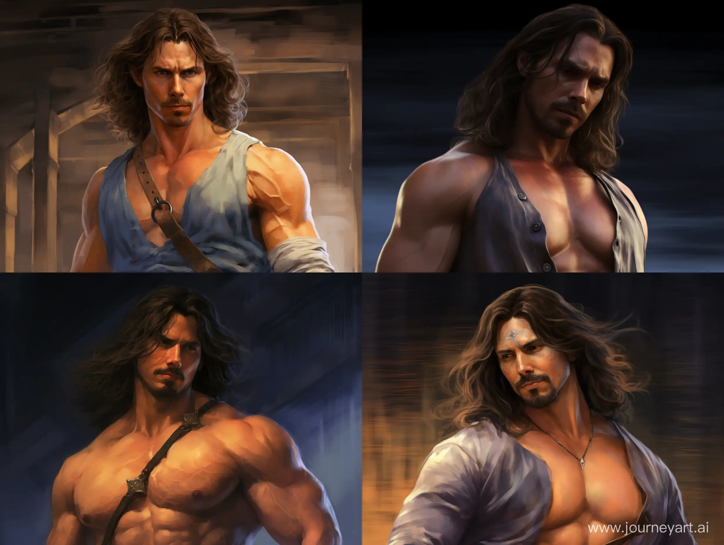 Realistic picture of 
Doctor Strange with long hair and shirtless
