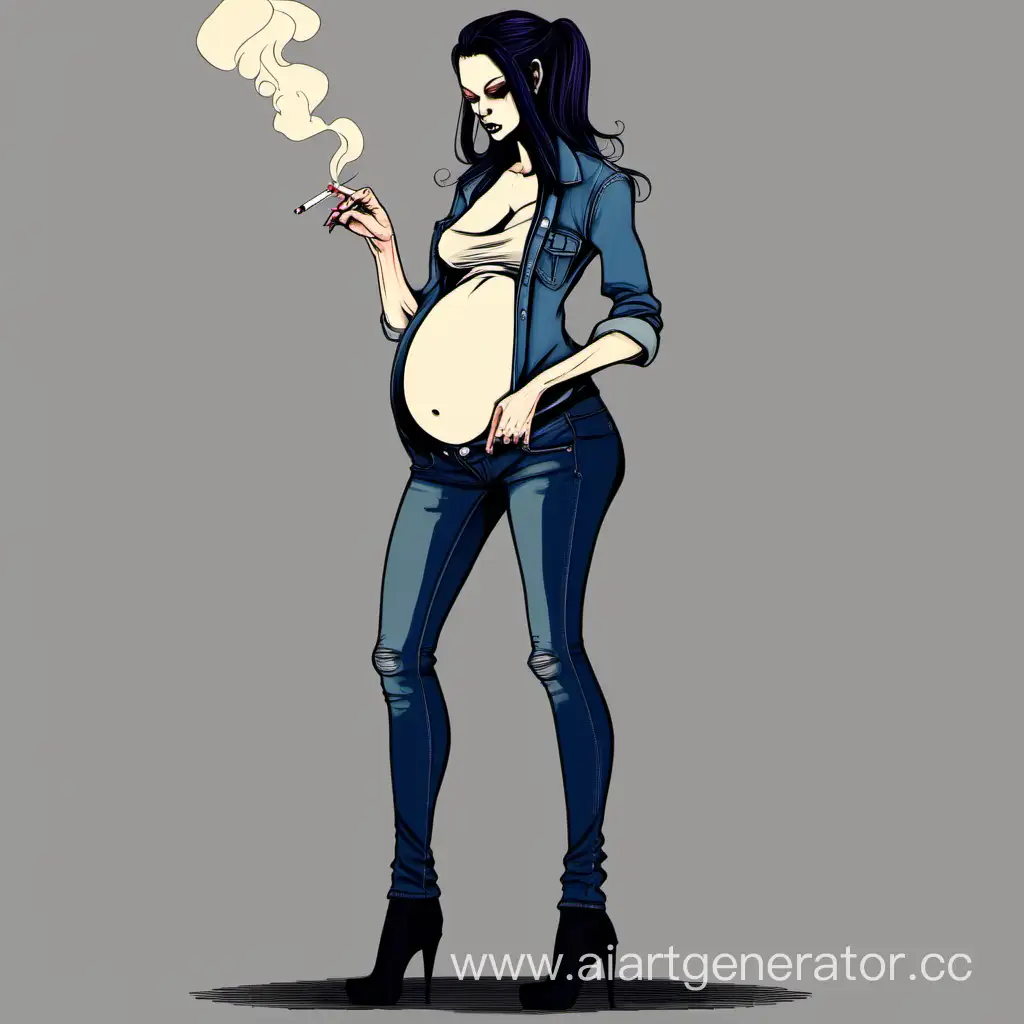 худая, беременная, демоница, курит, в узких джинсах