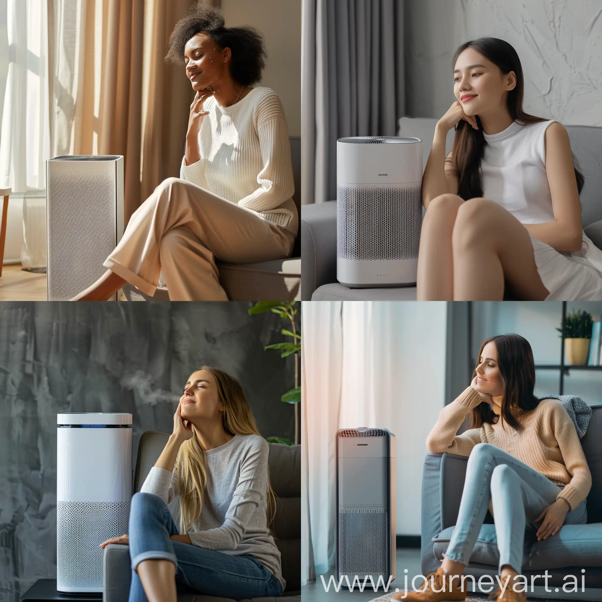 woman with allergy sitting next to air purifier