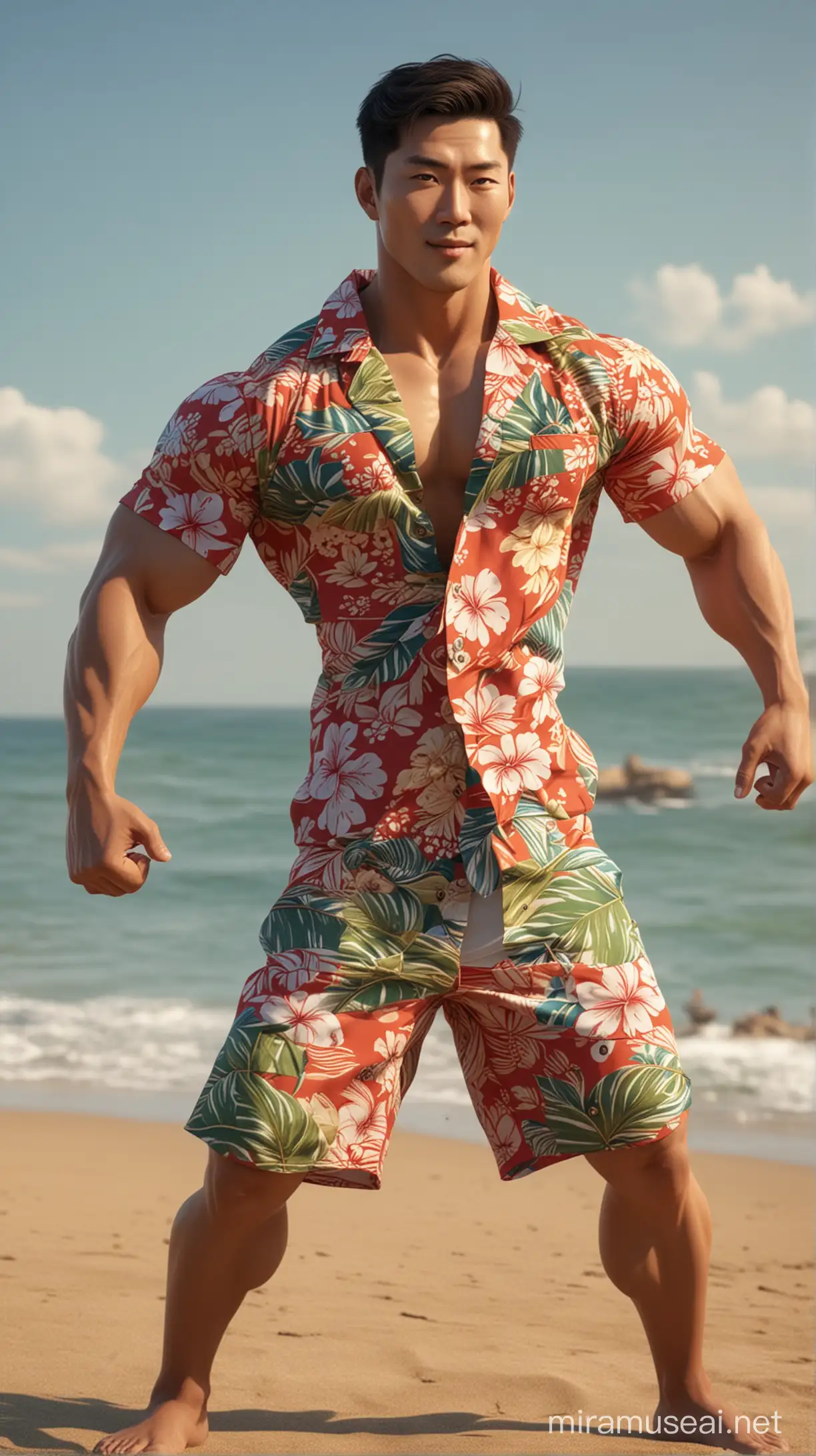 Seorang pria Korea tampan antropomorfik penggemar melenturkan otot-ototnya di pantai mengenakan kemeja Hawaii dengan kancing terbuka dan celana cargo pendek  karikatur 3D, render oktan, render Arnold, pencahayaan volumetrik, Rendering Berbasis Fisik, resolusi tinggi, 8k, HDR