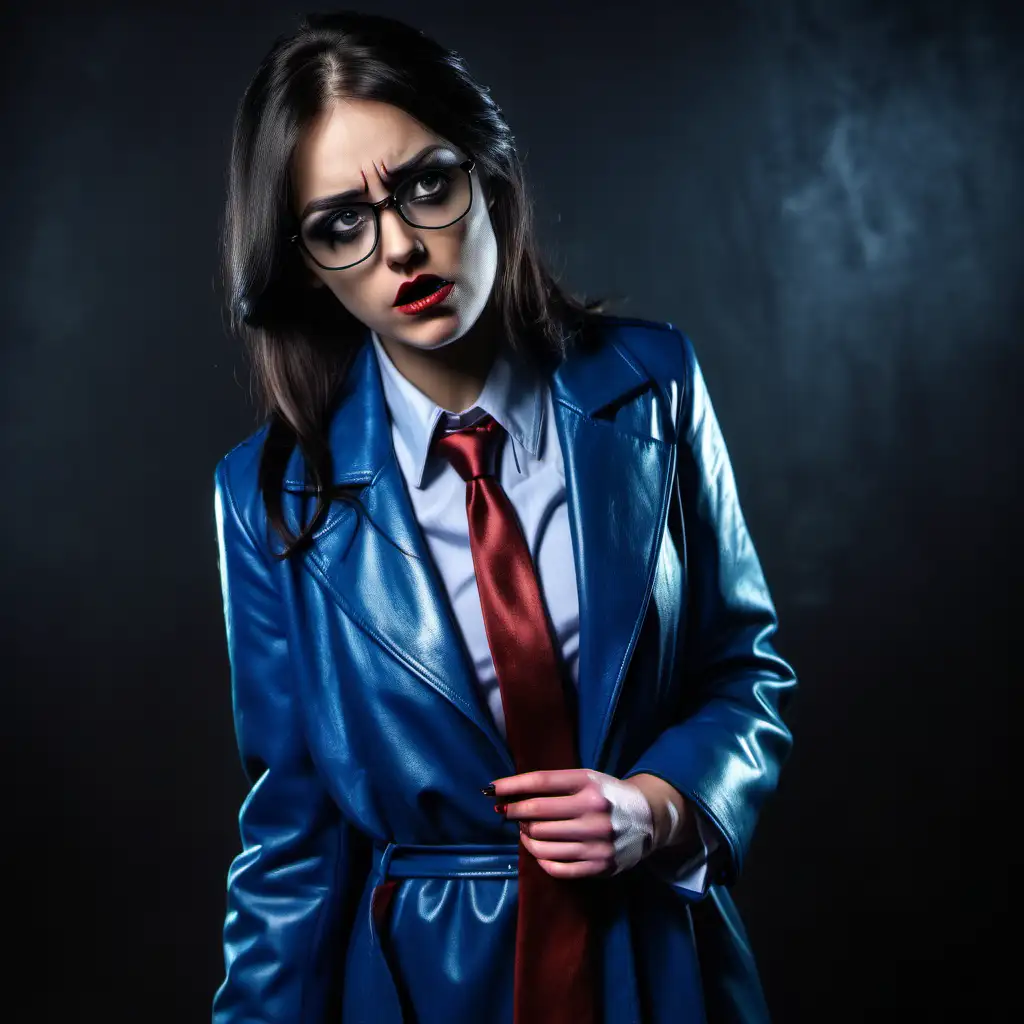 dead murdered brunette in glasses, blue leather coat and necktie blood