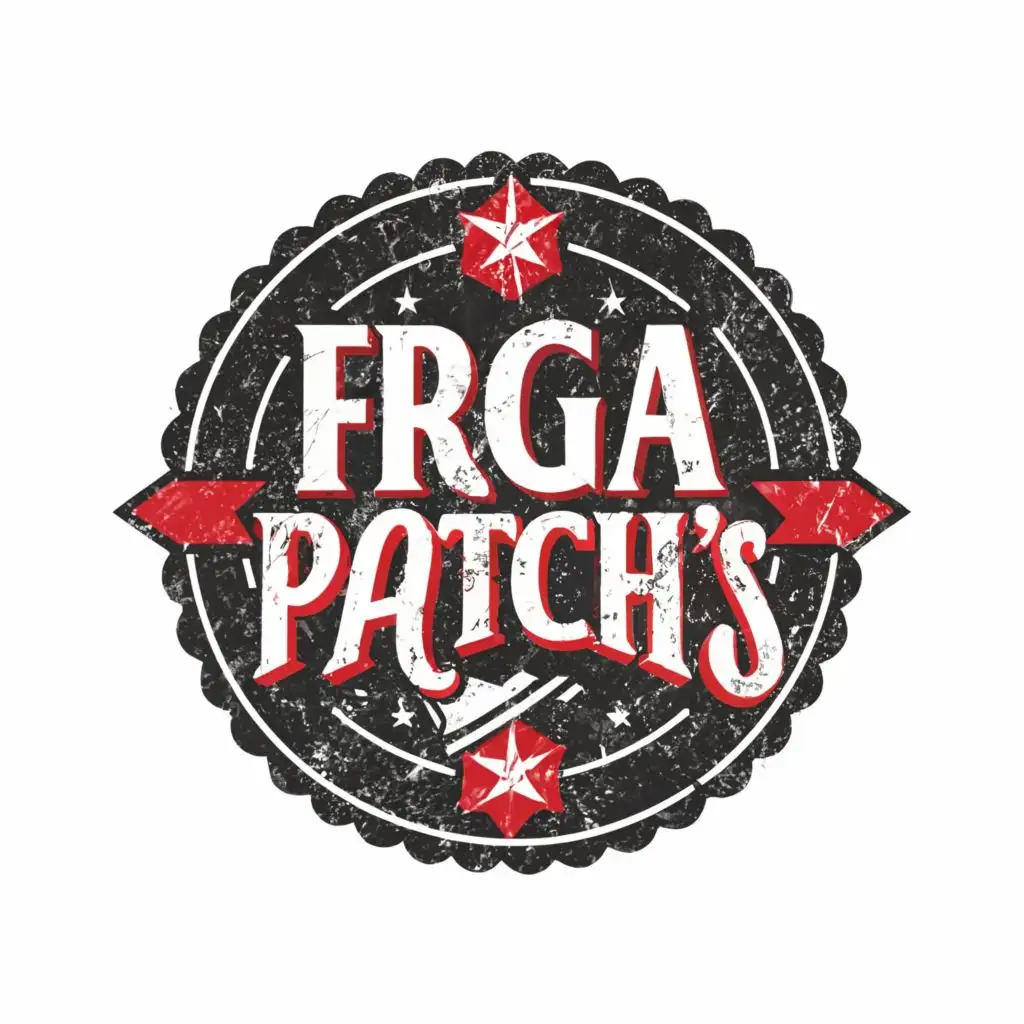 a logo design,with the text "fraga patch's", main symbol:the two words in white letters inside a black circle with a red outline.,Moderate,clear background
